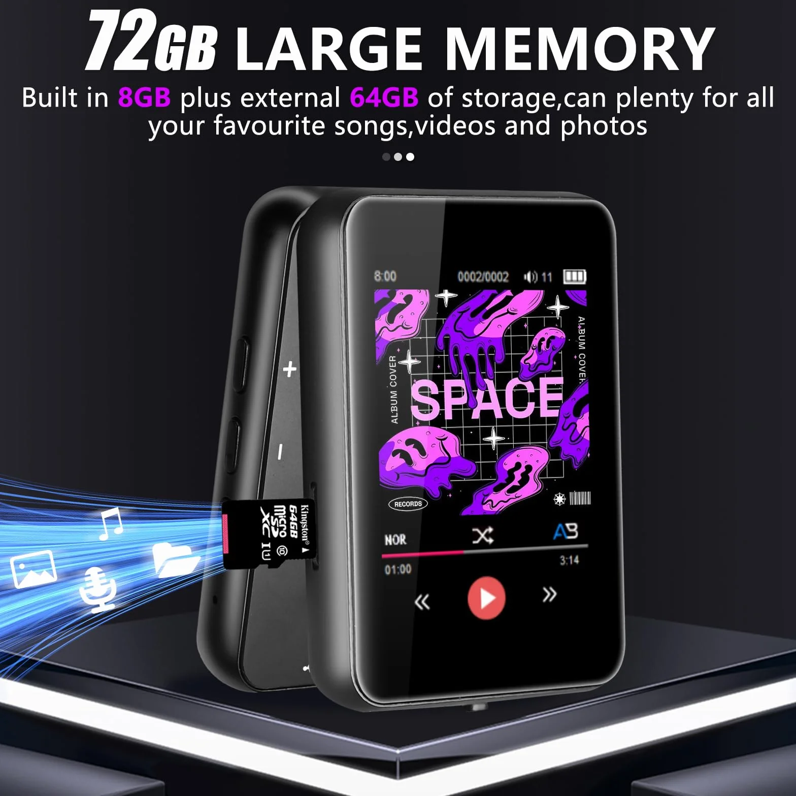 Odtwarzacz MP3 72 GB, odtwarzacz muzyki z Bluetooth 5.2, wbudowany głośnik HD, radio FM, nagrywanie głosu, funkcja e-booka, słuchawki, idealny do uprawiania sportu