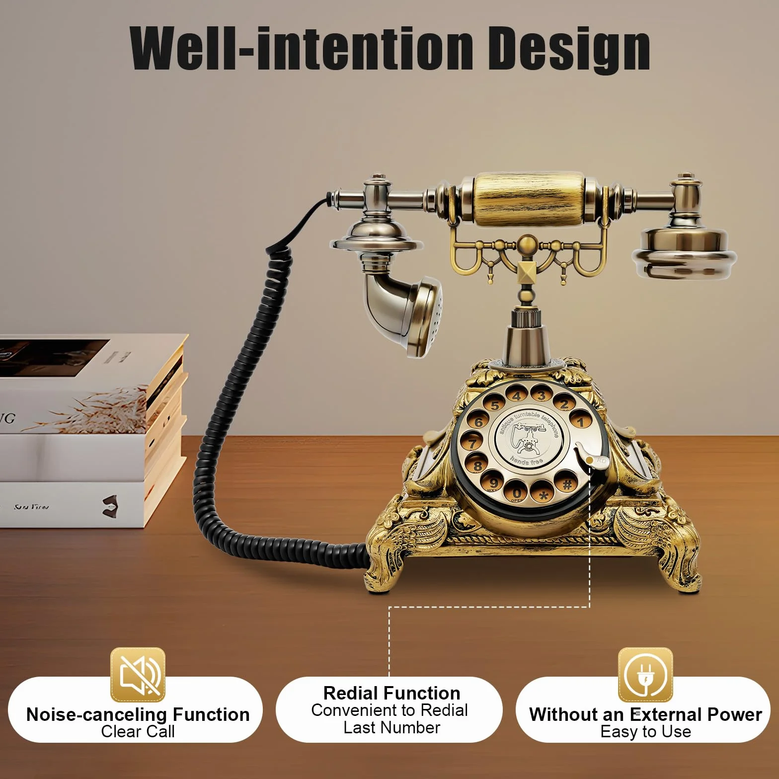 Telefon domowy w stylu vintage, antyczny telefon stołowy, telefon stacjonarny, biuro, nostalgia, przewodowy, do mieszkań, biur, kawiarni