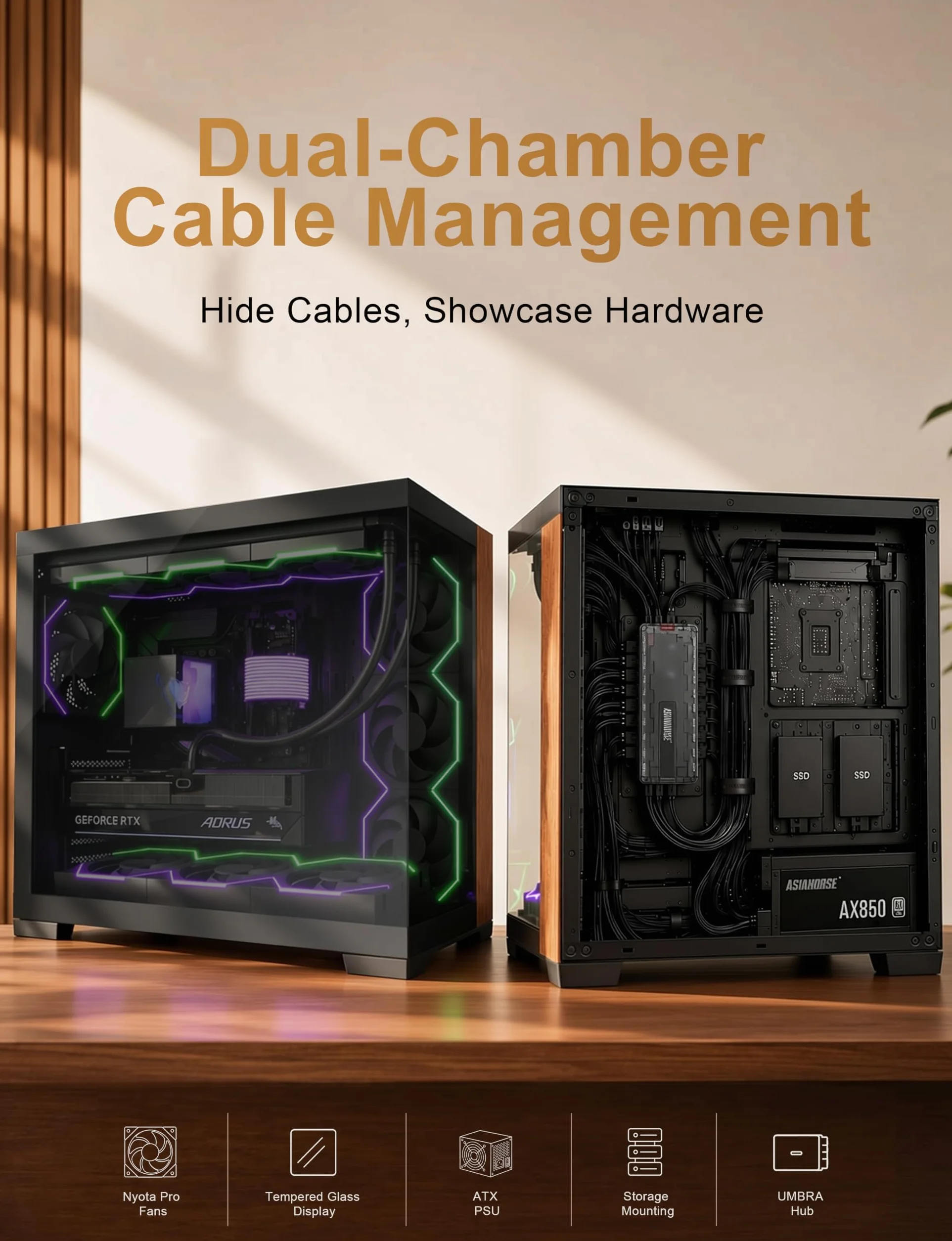 AsiaHorse Scutum Ultra ATX obudowa PC, Panorama Mid Tower z 6 wentylatorami Nyota Pro Reverse ARGB i koncentratorem Umbra, Back-Connect ATX, drewniany akcent, grzejnik 360 mm, typ C 20 Gbps, czarna