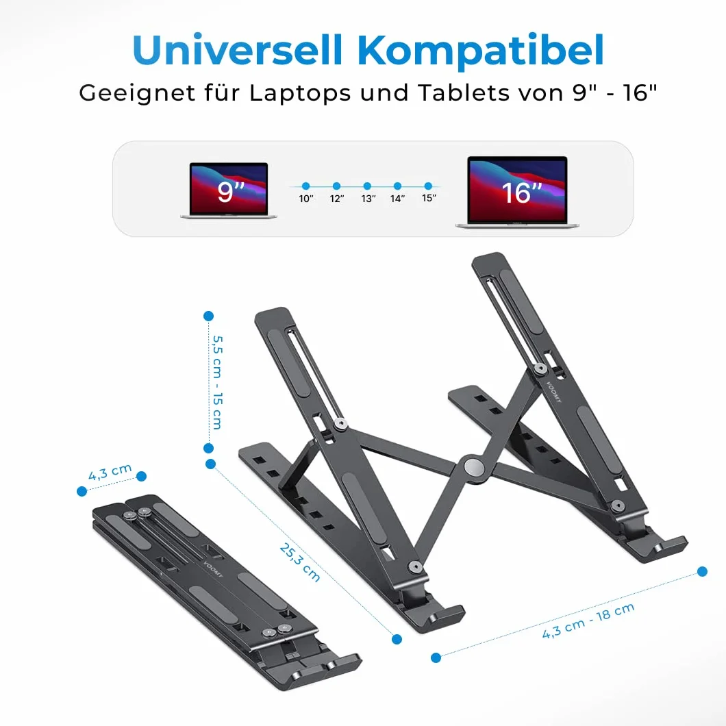 VOOMY Stojak na laptopa, 6-poziomowy stojak na laptopa z regulacją wysokości, składany stojak na laptopa, kompatybilny z MacBook, HP, Lenovo, wszystkimi laptopami i tabletami 9-16 '', Czarny