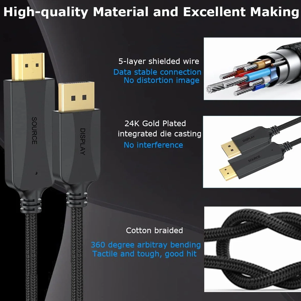 Kabel DisplayPort do HDMI 4K, 1,2 m, adapter DP na HDMI, szybki męski na męski, kompatybilny z Dell, HP, Insignia, Samsung, plus, niedwukierunkowy