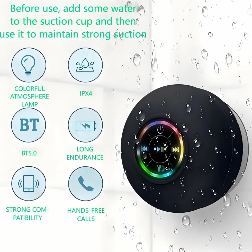 Głośnik Bluetooth Wodoodporny z Przyssawką i Światłem RGB - Przenośny Bezprzewodowy Stereo Basowy do Podróży, Łazienki, Prysznica i na Zewnątrz