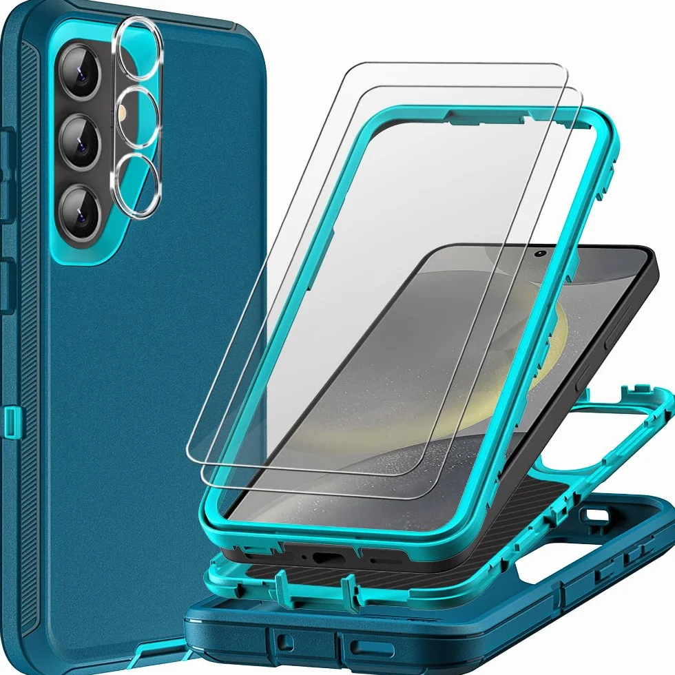 Etui do Samsunga Galaxy S24 z 2 szt. ochraniaczy ekranu ze szkła hartowanego i 1 szt. ochraniaczy obiektywu aparatu, wytrzymałe etui 3 w 1, odporne na wstrząsy, upadki, kurz (niebieskie
