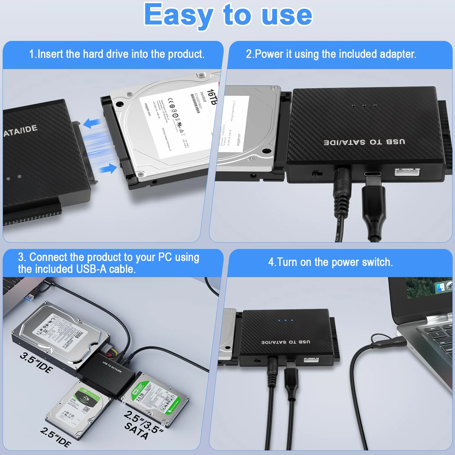 Adapter USB 3.2 na SATA/IDE, dysk twardy, odpowiedni do dysków twardych SATA 6.3 cm i 8.9 cm, obsługuje pojemność 6 TB, z zasilaczem 12 V 2 A, kompatybilny z Windows/Mac OS/Linux itp.