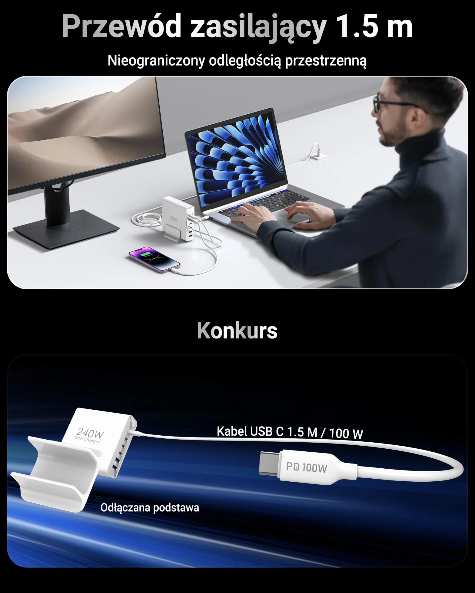 Ładowarka USB C 240W, 6 portów, Ładowarka PD3.1 GaN z wyświetlaczem LED, Stacja Szybkiego Ładowania na Biurko do MacBook Pro/Air, do iPhone Pro/iPad Pro/Dell XPS/Galaxy/laptopów i innych, Biały