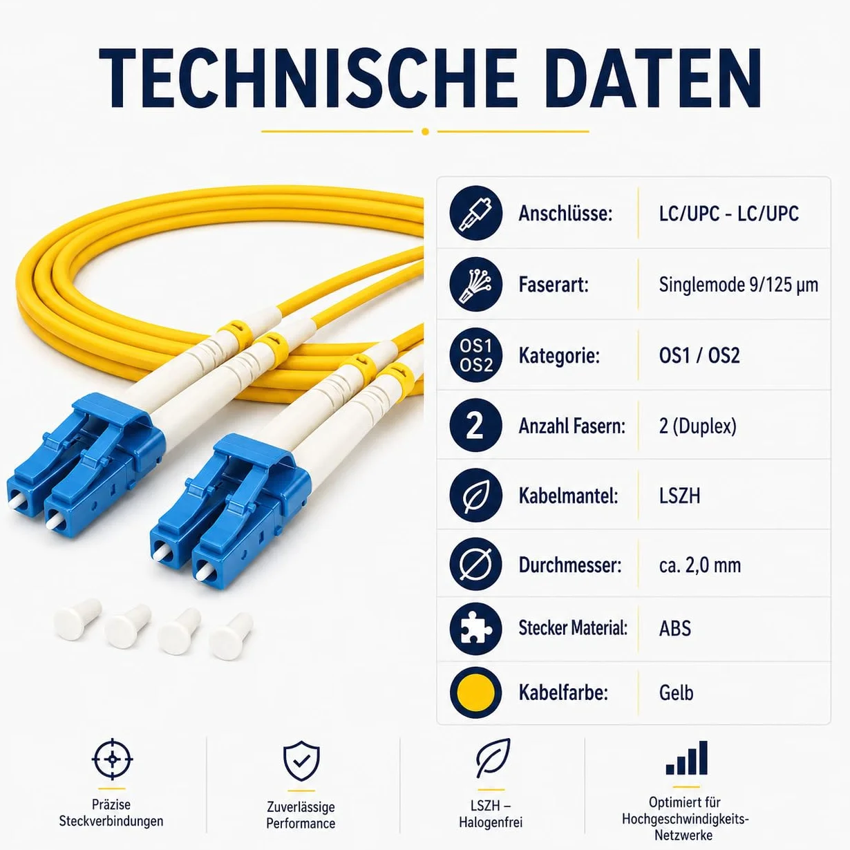 1aTTack.de 1 x 20 m OS1 / OS2 LWL DX DUPLEX kabel krosowy LC/UPC - LC/UPC SM SINGLEMODE - 9/125 µm LSZH żółty