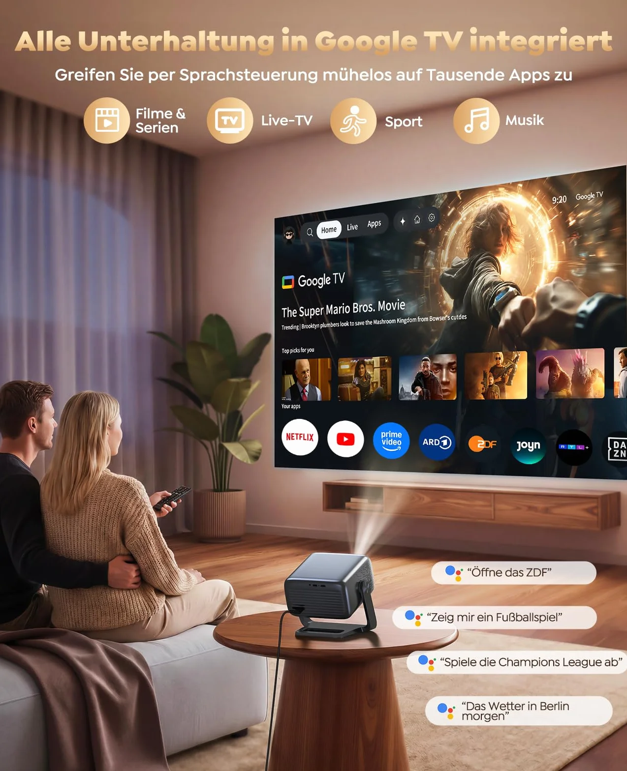 Smart Beamer【Google TV i głośnik 30 W】Projektor kina domowego 4K obsługuje autofokus/korekcję trapezową 6D, HDR10, WiFi Bluetooth Full HD 1080p LED projektor, podstawa obrotowa 360°, projektor