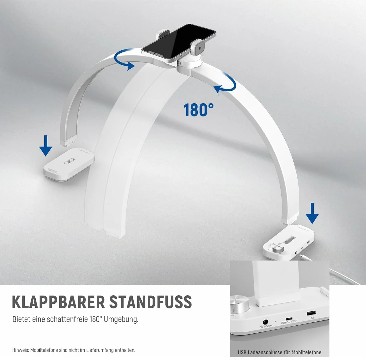 NEEWER Basics HM01-D lampa łukowa 29", 40 W, LED, półksiężyc, na stół/biurko, 3000K-6500K, 3400Lux/0,5 m, CRI95, ładowanie przez USB, uchwyt na telefon do manicure, makijażu, urody, tatuażu, nagrań