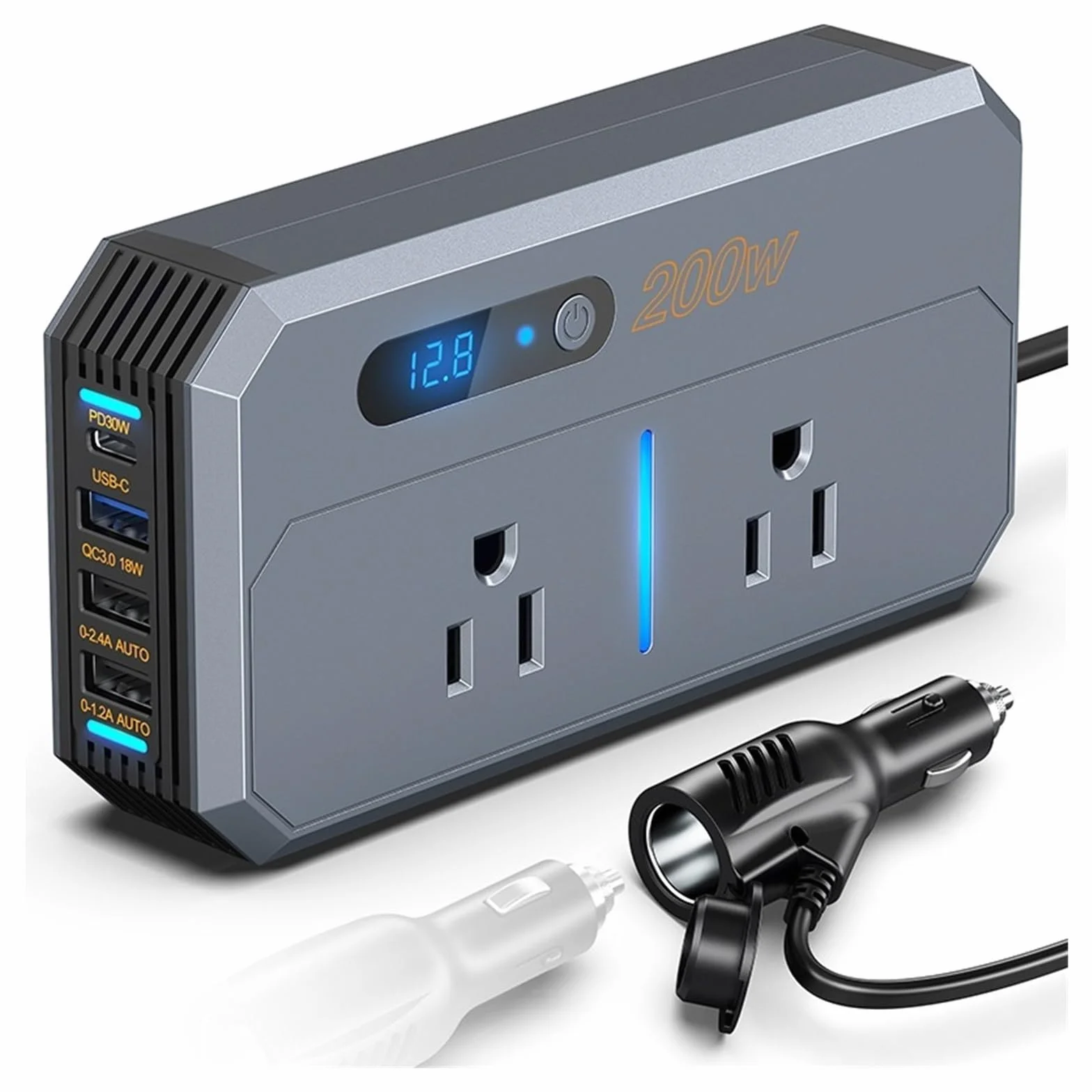 Falownik, 200W Inwerter samochodowy Zapalniczka samochodowa Szybkie ładowanie USB Konwerter zasilania Gniazdo PD Ładowarka samochodowa(7711-12V)