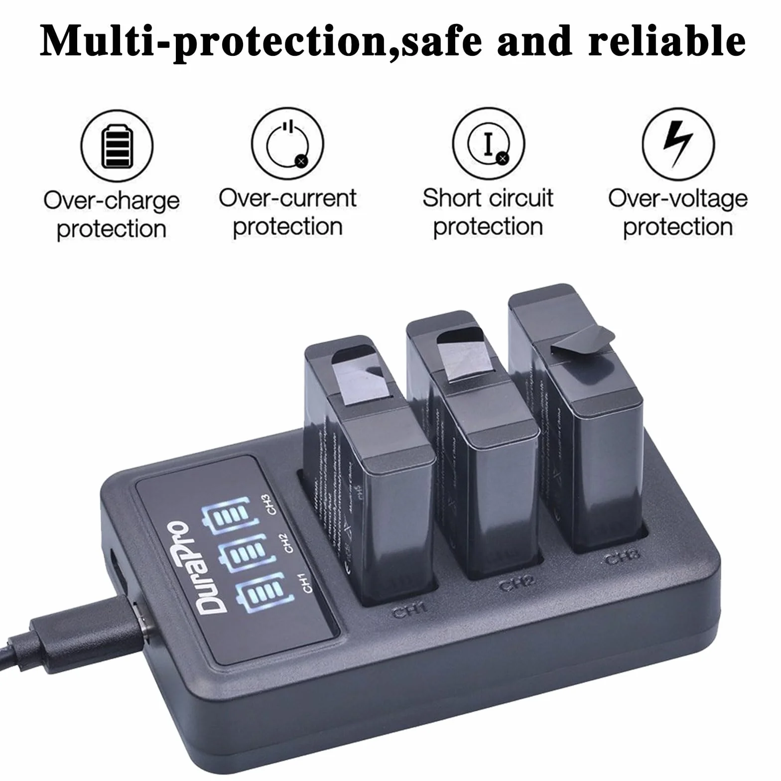 DuraPro 3 szt. baterii do GoPro Hero 7 Hero 6 Hero 5 + szybka ładowarka USB z 3 gniazdami LED z portem typu C do akcesoriów GoPro (kompatybilne z GoPro Hero5 All Firmwares v02.00, v02.01)