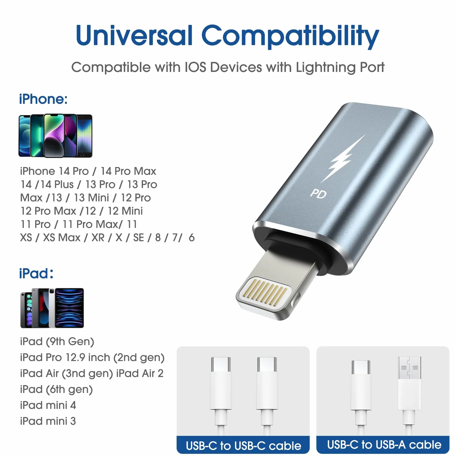 TechMatte Adapter USB C do Lightning, szybkie ładowanie 27 W, kompatybilny z iPhone 14/13/12/11 Pro Max Mini/X/XR/XS/SE/8/7/6/iPad/iPod/AirPods, obsługuje transmisję danych, z linką zapobiegającą