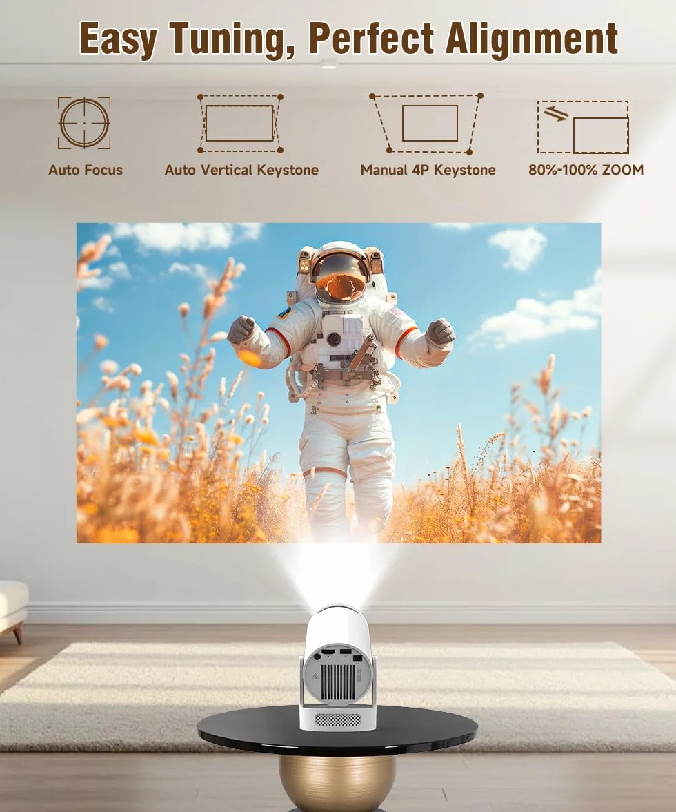 Alwtniet Mini projektor, 4K, Wi-Fi 6 i Bluetooth 5.4, głośnik 5 W, automatyczna korekcja trapezu, obracany o 180°, przenośny do domu i na zewnątrz, z systemem Android