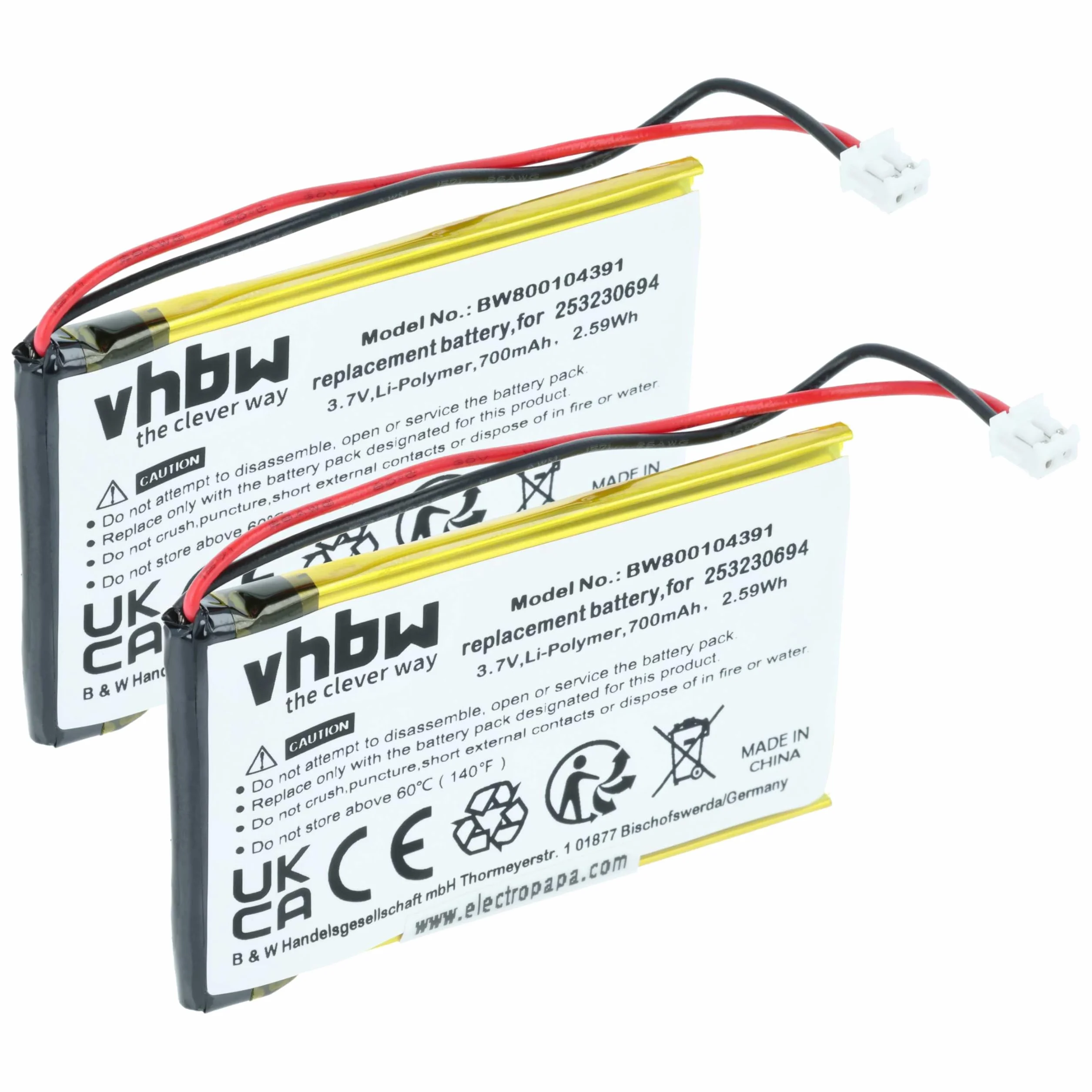 2 x zestaw baterii VHbw 700 mAh do bezprzewodowego telefonu stacjonarnego SAGEM 690, TELSTRA CTB104, THUB, zastępuje 253230694, CTB104, LP043048AH