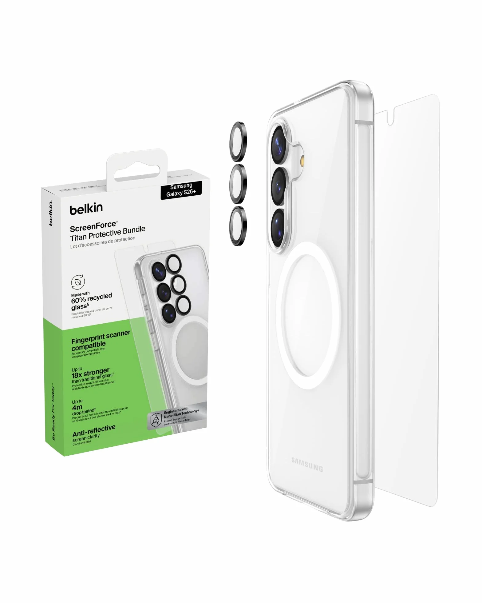 Belkin ScreenForce Titan Zestaw Ochronny do Samsung Galaxy S26+: Odporne na Zarysowania Szkło Ochronne, Wytrzymałe Etui, Antyrefleksyjna Osłona na Obiektyw – Wytrzymałość na Upadki z 4 m