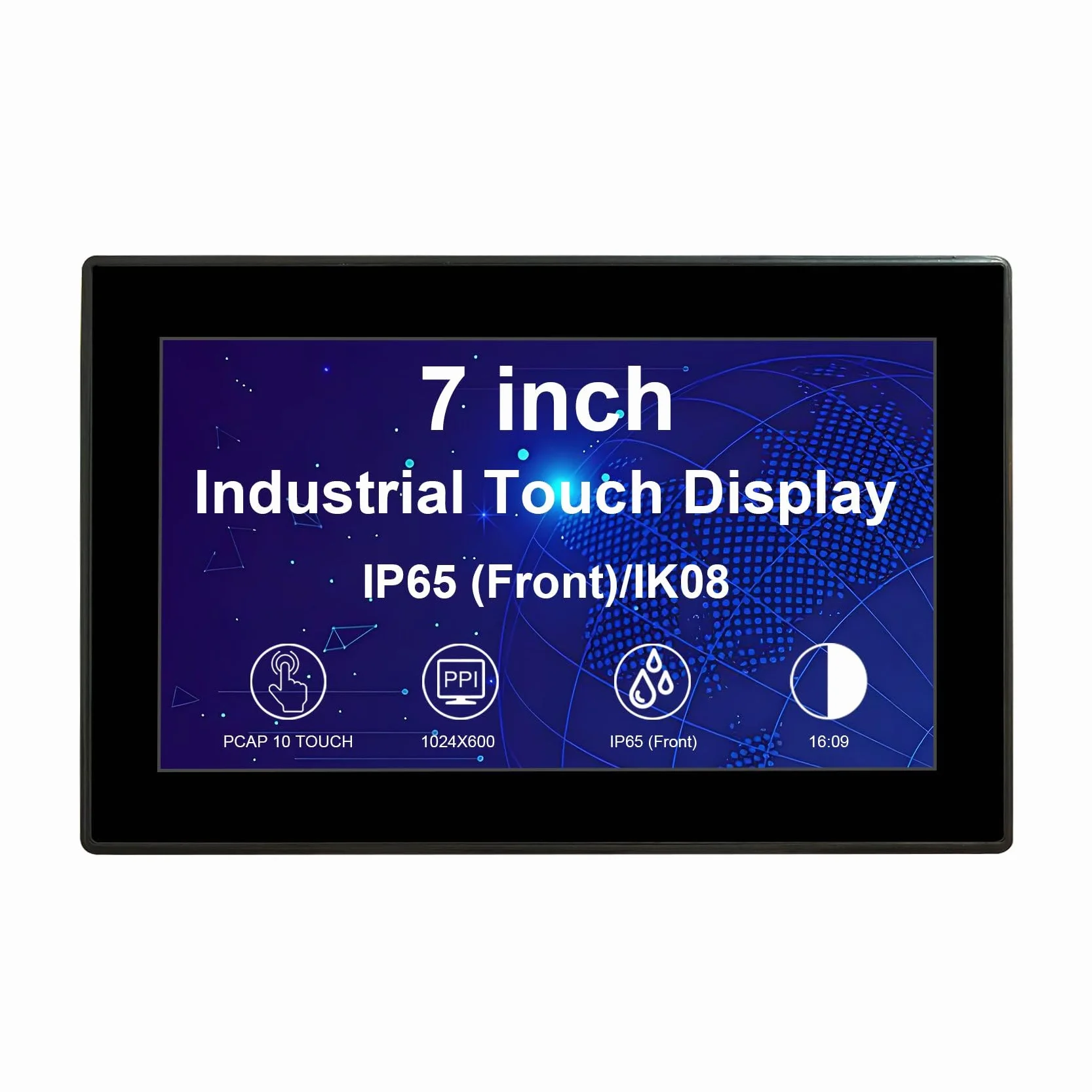 VSDISPLAY Przemysłowy ekran dotykowy o przekątnej 7", IP65 panel przedni, 1024 × 600, 350 nitów, pojemnościowy 10-punktowy dotykowy, duży zakres temperatur, aluminiowa obudowa