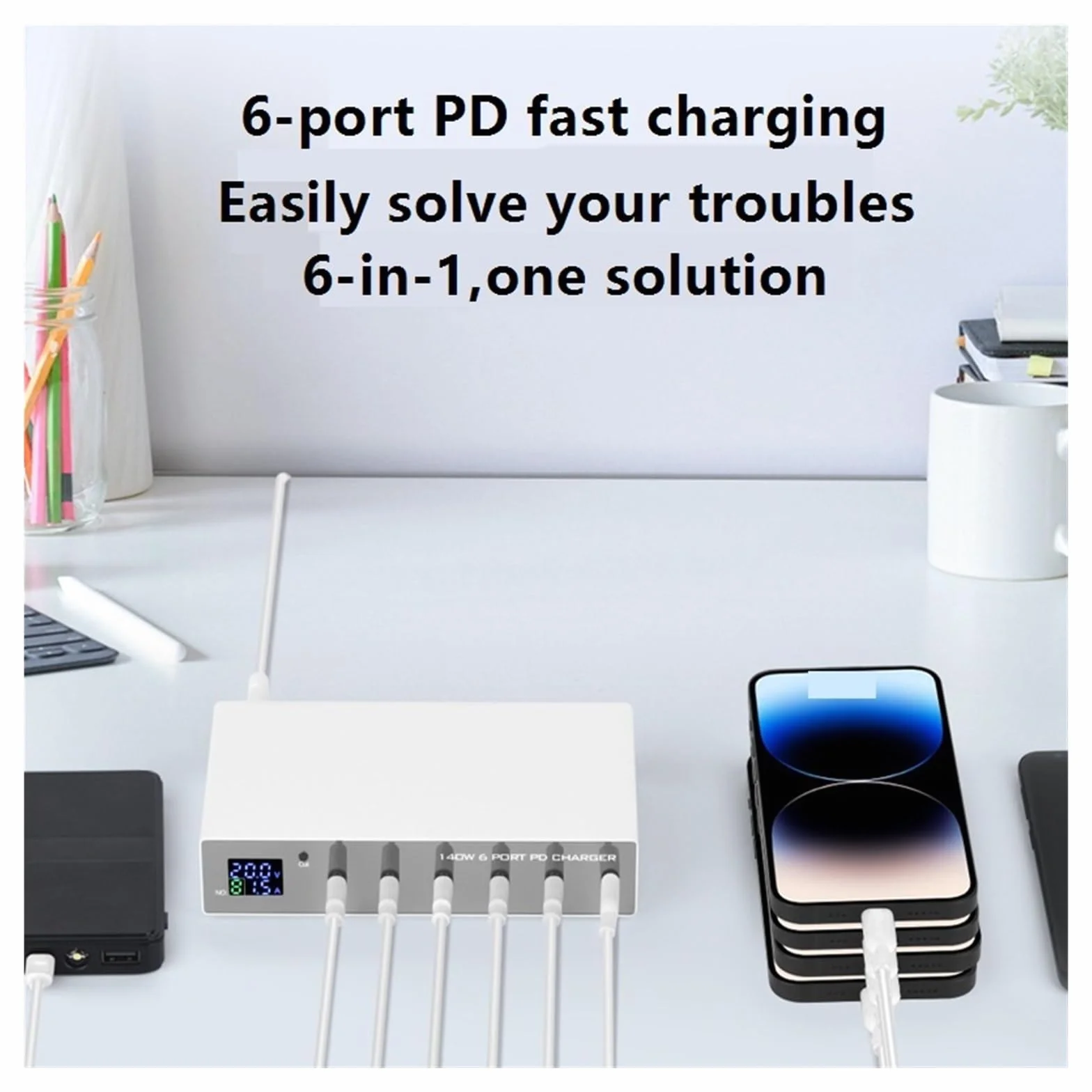 Szybka Ładowarka PD 30 W O Mocy 140 I 6 Portach Stacja Szybkiego Ładowania Multi USB-C Z Wyświetlaczem LED MożLiwość Szybkiego łAdowania(White 140W PD)