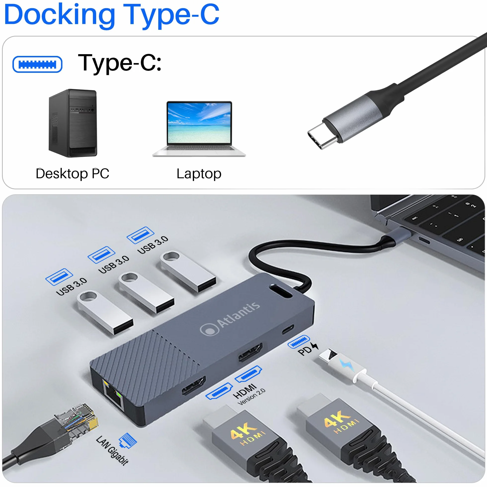 ATLANTIS A04-TC_DK48 Stacja dokująca DUAL DISPLAY USB C (typ C) na HDMI 4K, wyjście Duppia, wyjście HDMI, RJ45 Gigabit Ethernet, 3 x USB 3.0, 1 PD-85 W, kabel 18 cm, kompatybilny ze wszystkimi