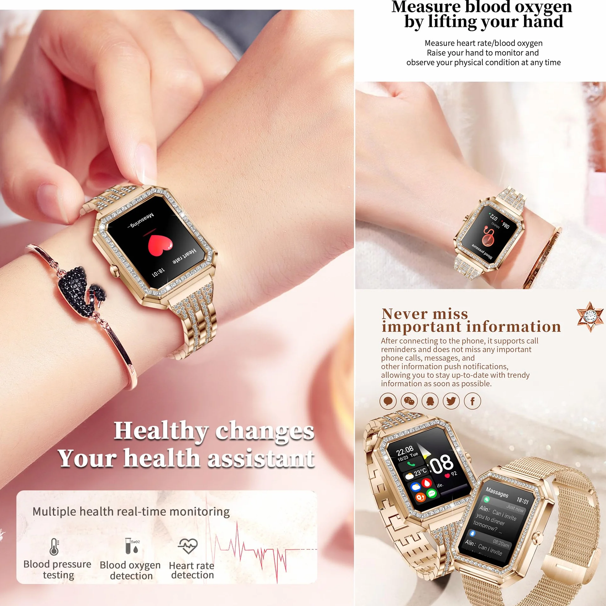 Smartwatch Inteligentny Zegarek Pani z Połączeniami, 1,59" Wodoodporny Smart Watch Sportowy Krokometr Pulsometr Ciśnienie Krwi Bransoletka Aktywność Cyfrowy Zegarek dla IOS Android (srebrny)