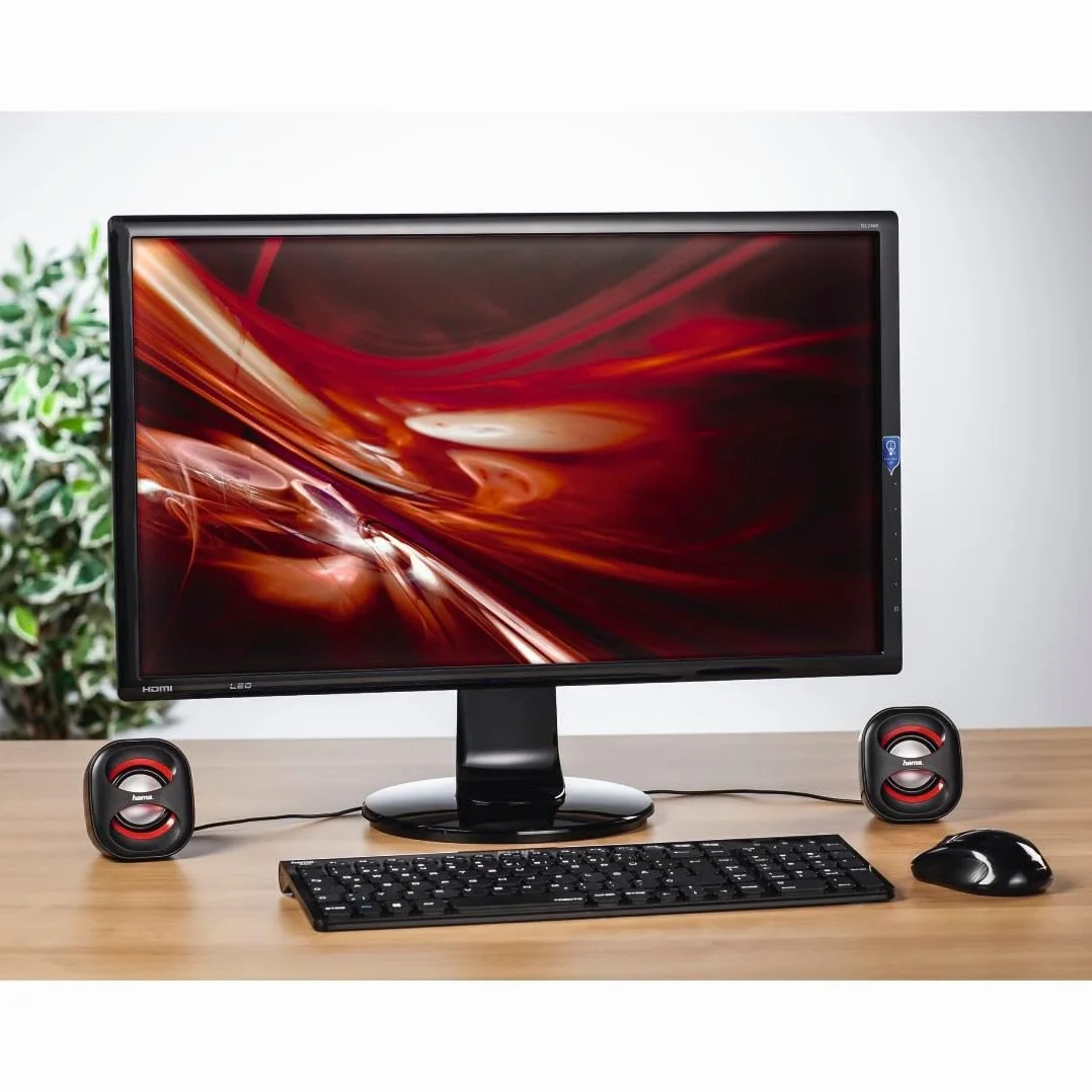 Hama Przewodowe głośniki do laptopa "Sonic Mobil 183" (Jack 3,5mm, regulator głośności, stereo, 120-20000 Hz, 7,2 x 7,5 x 8,2 cm) czarne/czerwone