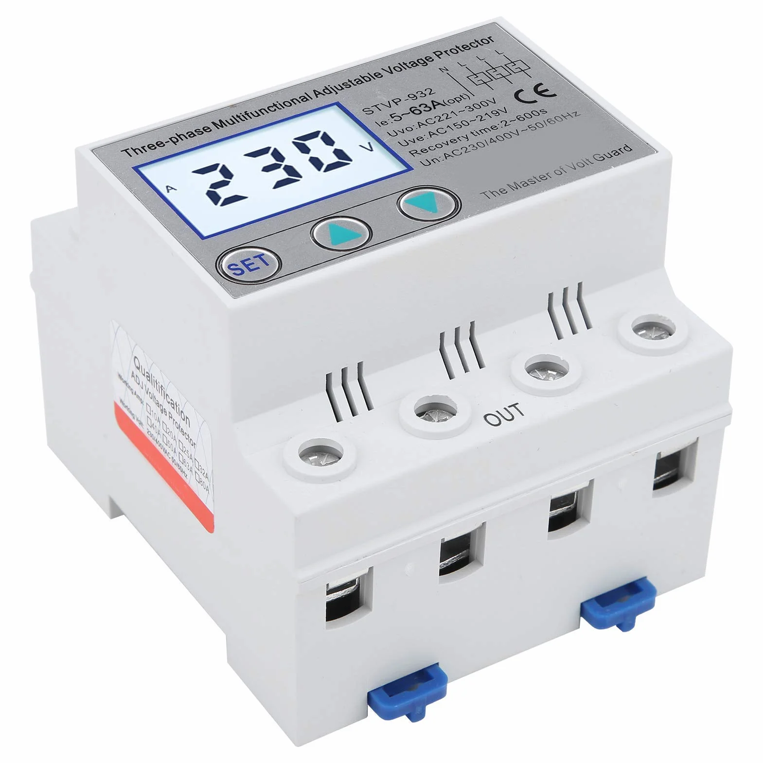 Zabezpieczenie przeciwprzepięciowe regulowane zabezpieczenie napięcia STVP-932 230 V/ 400 V AC 3-fazowe wielofunkcyjny wyświetlacz LCD z pełnymi funkcjami (63 A)