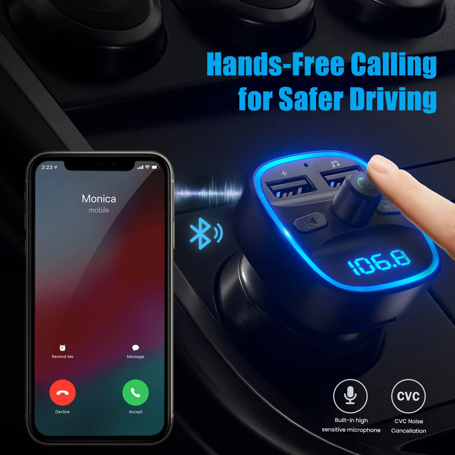 LENCENT 5.1 Samochodu Nadajnik FM Bluetooth, Nadajnik Bluetooth, Adapter Radia Samochodowego z Dwoma Portami USB, Zapalniczka Samochodowa z Zestawem Głośnomówiącym, Obsługa Dysków USB, Ciemnoszary