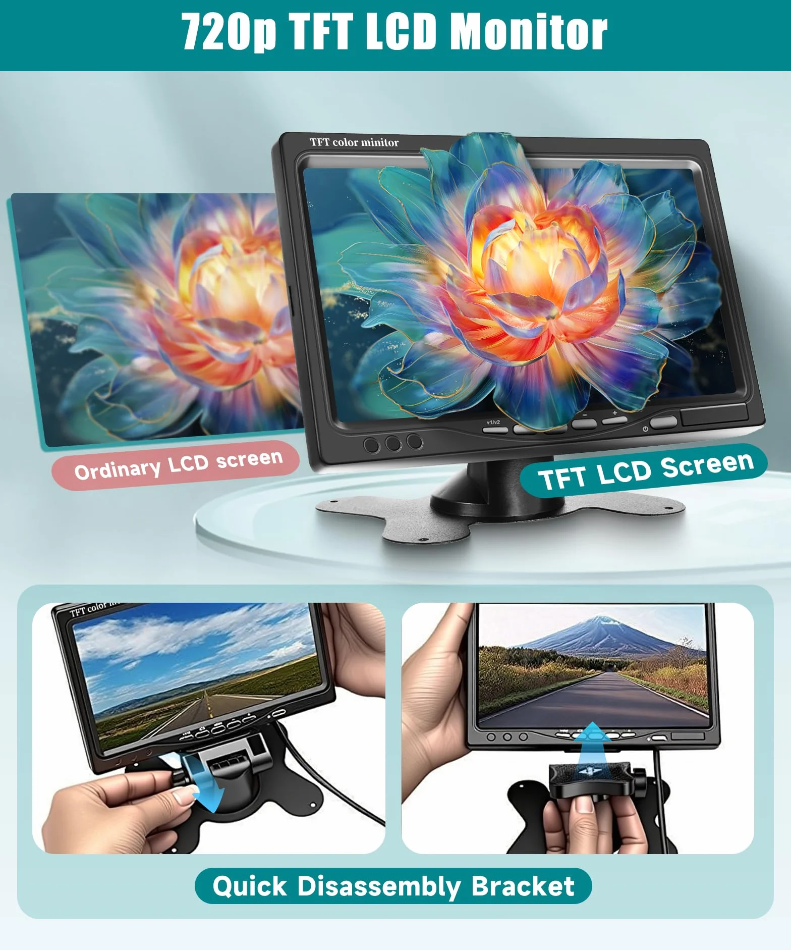 VECHTEL 2 x kabel do kamery cofania z 7-calowym monitorem TFT, pomoc przy parkowaniu, kamera cofania 18 LED, widoczność w nocy, klasa wodoszczelności IP68, do SUV, ciężarówek, kamperów, DC 12-24 V