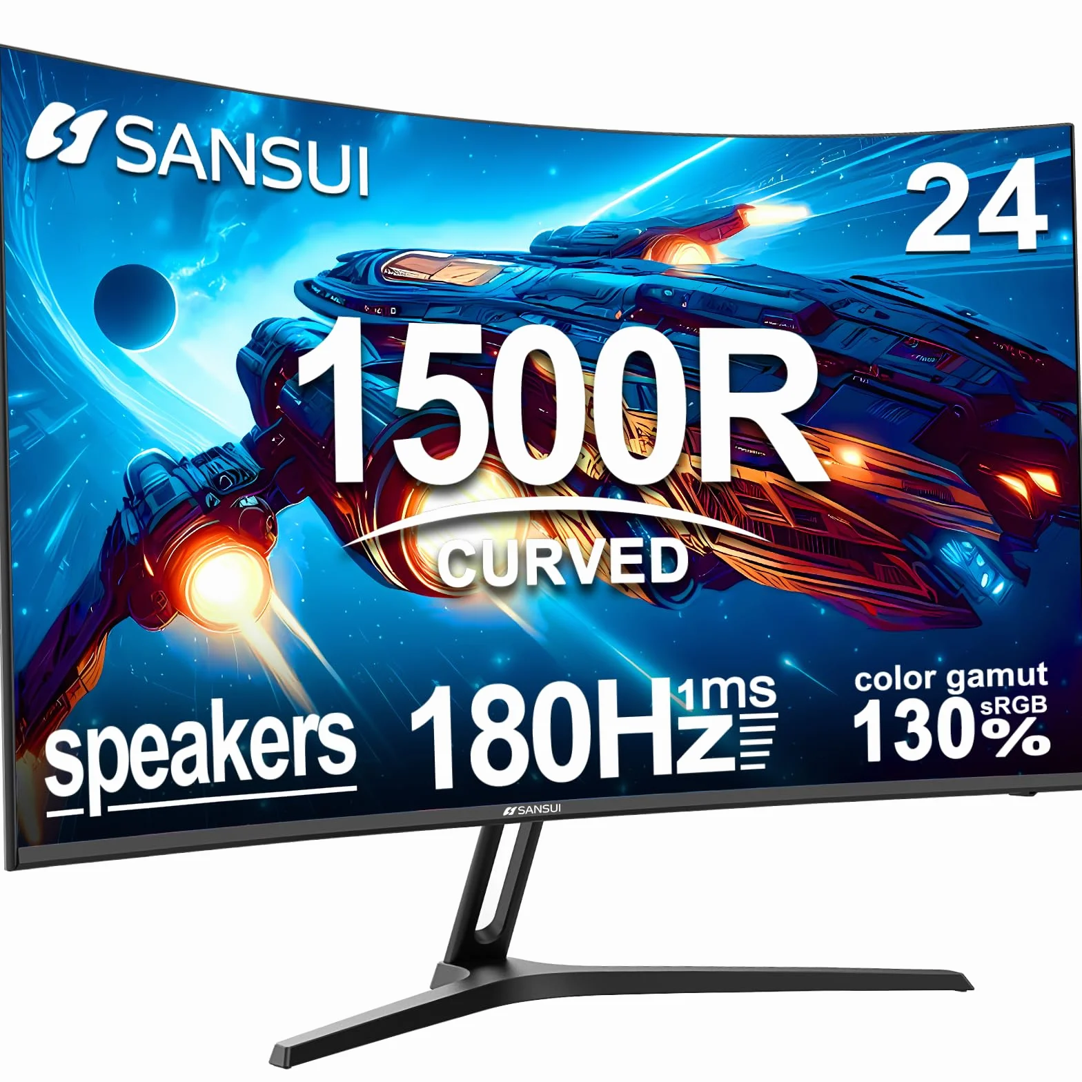 SANSUI Zakrzywiony monitor do gier 24 cale do 180 Hz MPRT 1 ms ze zintegrowanymi głośnikami, monitor komputerowy FHD 1080P Freesync 130% sRGB HDR, porty HDMI DP zamontować VESA wsparcie