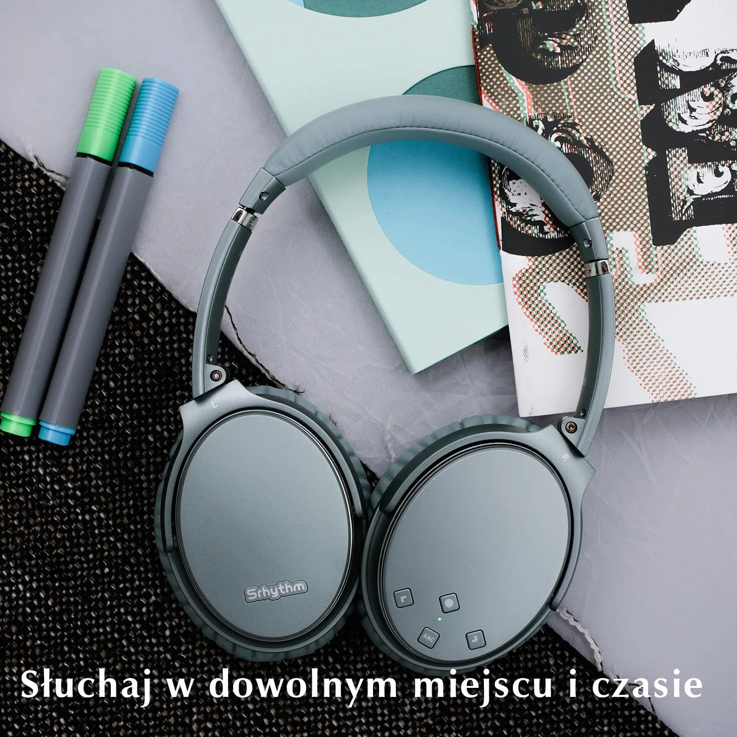 Srhythm NC35 Over-Ear z szybkim ładowaniem USB-C, Hybrid Active Noise Cancelling słuchawki, składane, bezprzewodowe, Bluetooth 5.3, mikrofon, rozmowy głosowe, 50 godz