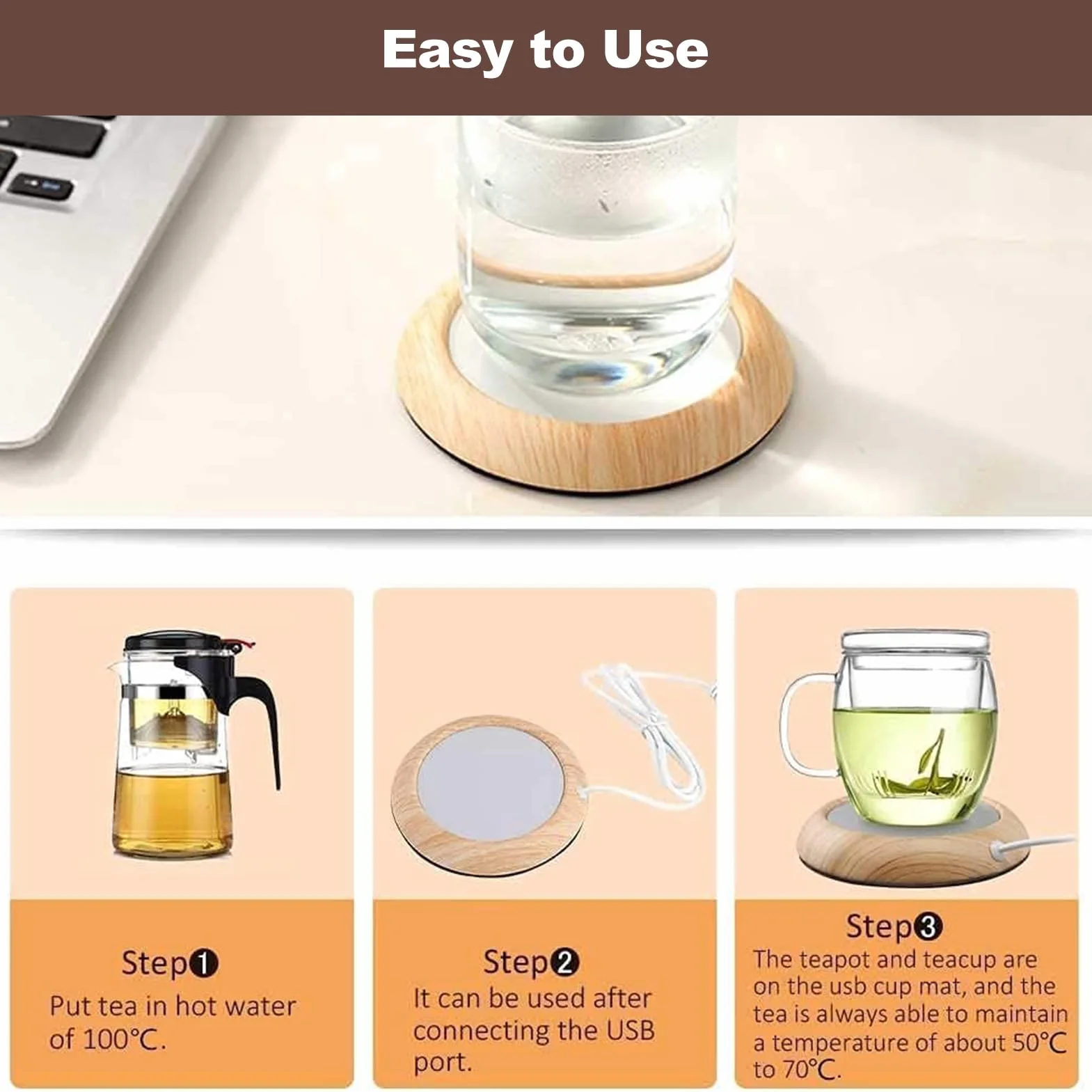 Kubek do kawy USB cieplej Coaster, podgrzewacz do filiżanek z drewna ziarno ciepła mata pod kubek do napojów, płyta grzewcza do kawy z mlekiem do użytku biurowego/domowego (jasne ziarno drewna)