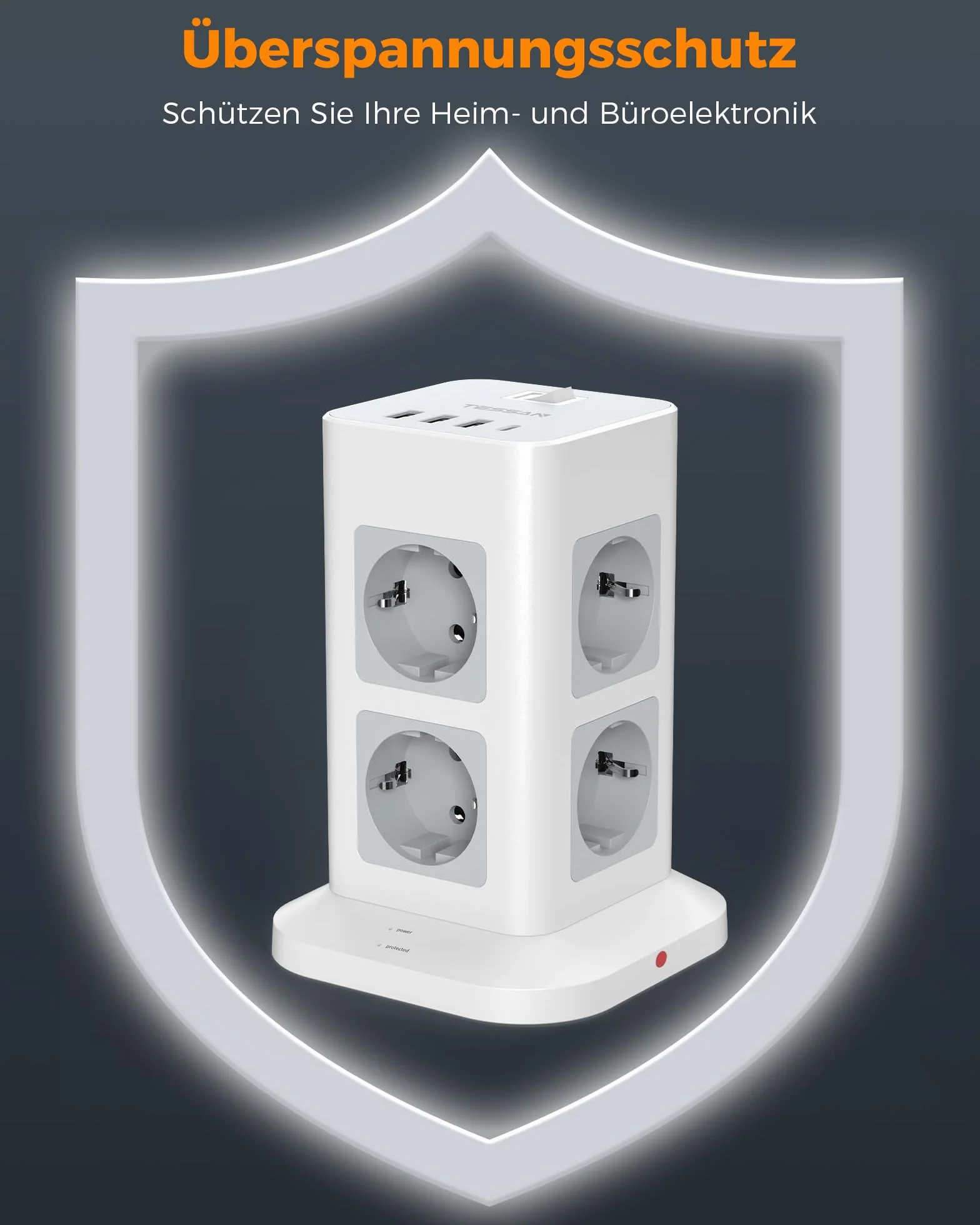 TESSAN Listwy zasilające, ochrona przed przeciążeniem, 8 gniazd, z 3 USB A i USB C, listwa zasilająca pionowa z przełącznikiem, przedłużacz 2 metry, złodziejka 3600 W