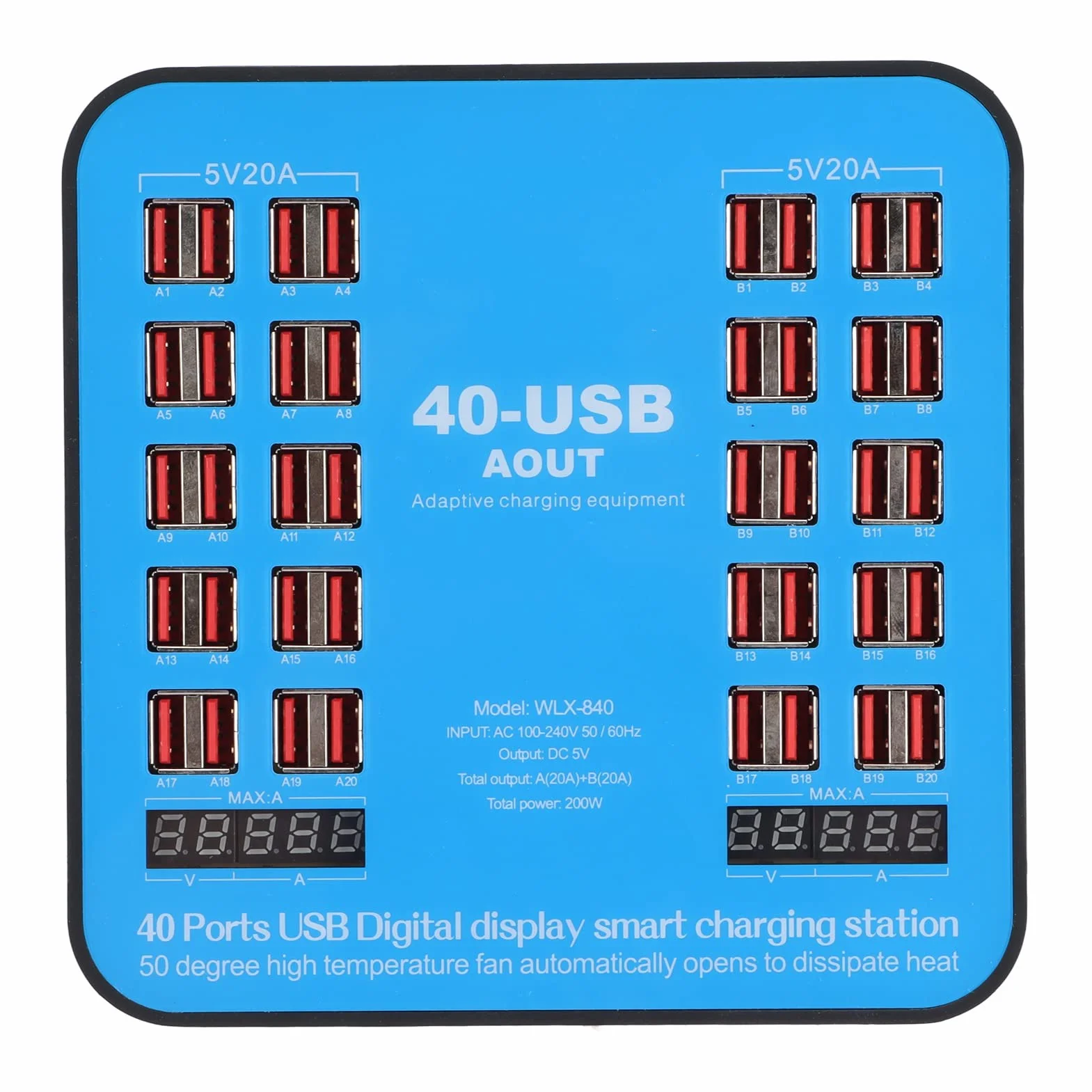 Wieloportowa Stacja ładująca USB, Koncentrator ładujący WLX‑840 z 40 Portami i Cyfrowym Wyświetlaczem LCD, Wieloportowa ładowarka 200 W do Tabletu z Telefonem Komórkowym(Wtyczka UE)