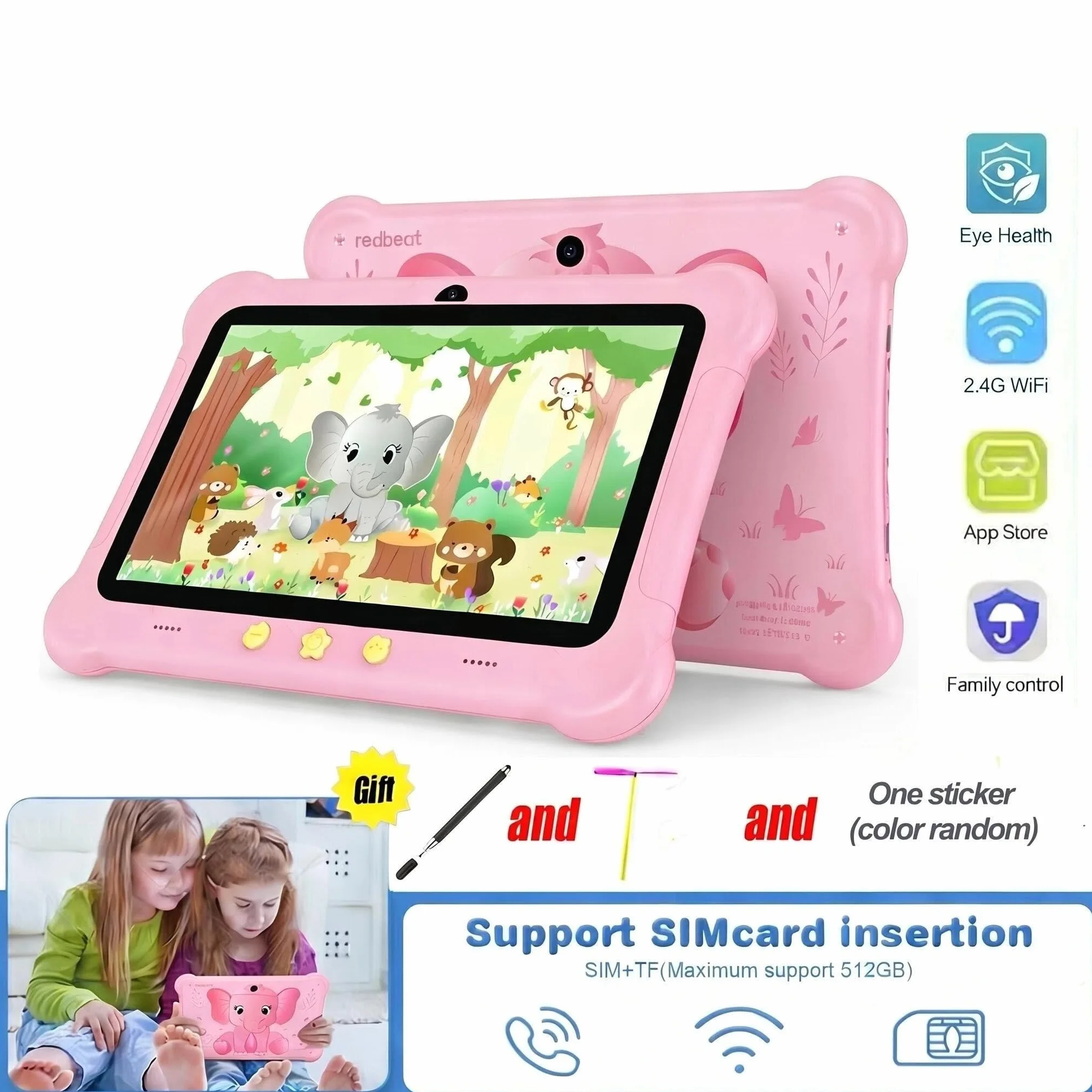 tablet dla dzieci, 7-calowy tablet z Androidem dla dzieci, tablet do nauki z gniazdem na kartę SIM i etui, WIFI, kontrola rodzicielska, ochrona oczu, podwójna kamera, sieć komórkowa 3G/2G