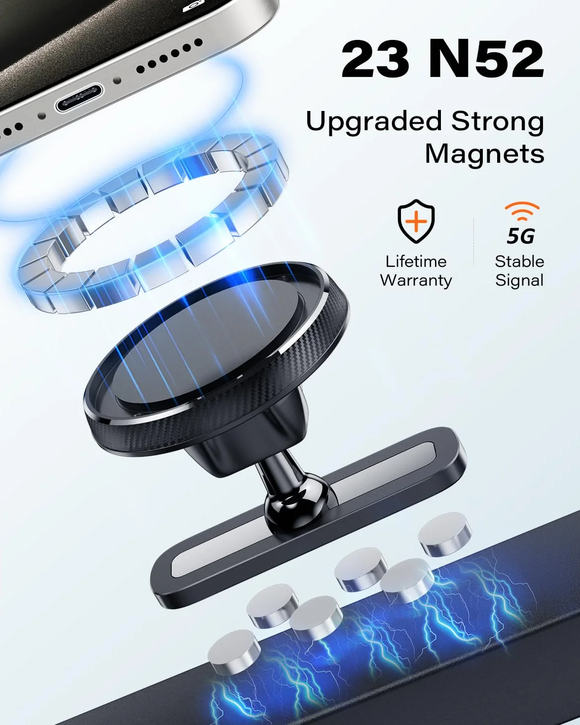 APPS2Car Magnetyczny Uchwyt na Telefon do Siłowni, Kompatybilny z MagSafe, Obrót 360°, do Smartfonów 11,9-16,5 cm, Podstawa i Przegub ze Stopu Metalu, Czarny