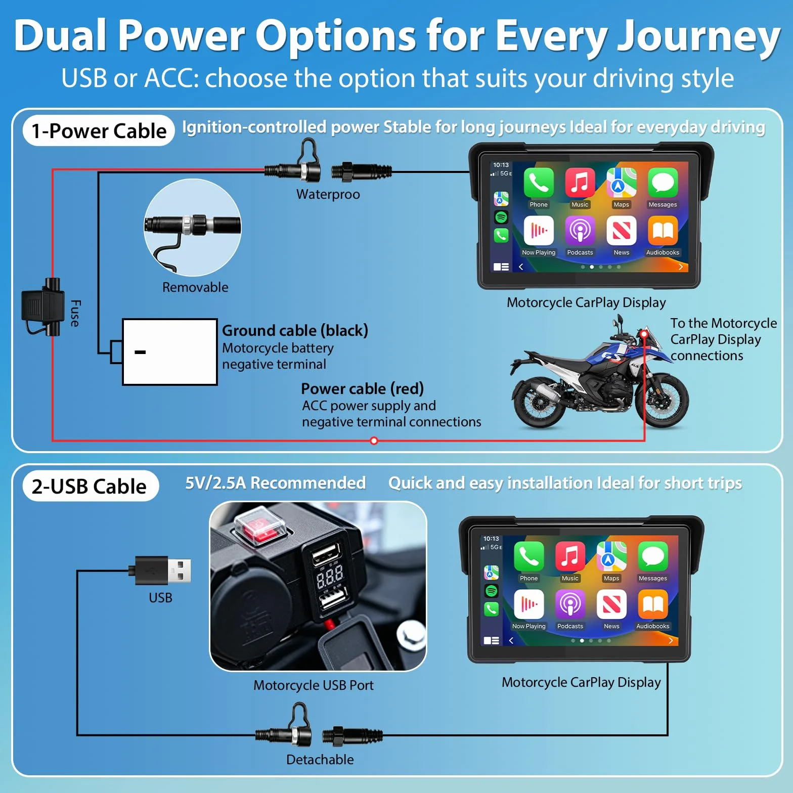CarPlay 7-calowy wyświetlacz motocyklowy, bezprzewodowy, nawigacja z systemem Android, z kablem zasilającym USB, czujnik ciśnienia w oponach, wodoszczelność IP67, nawigacja motocyklowa, podwójny