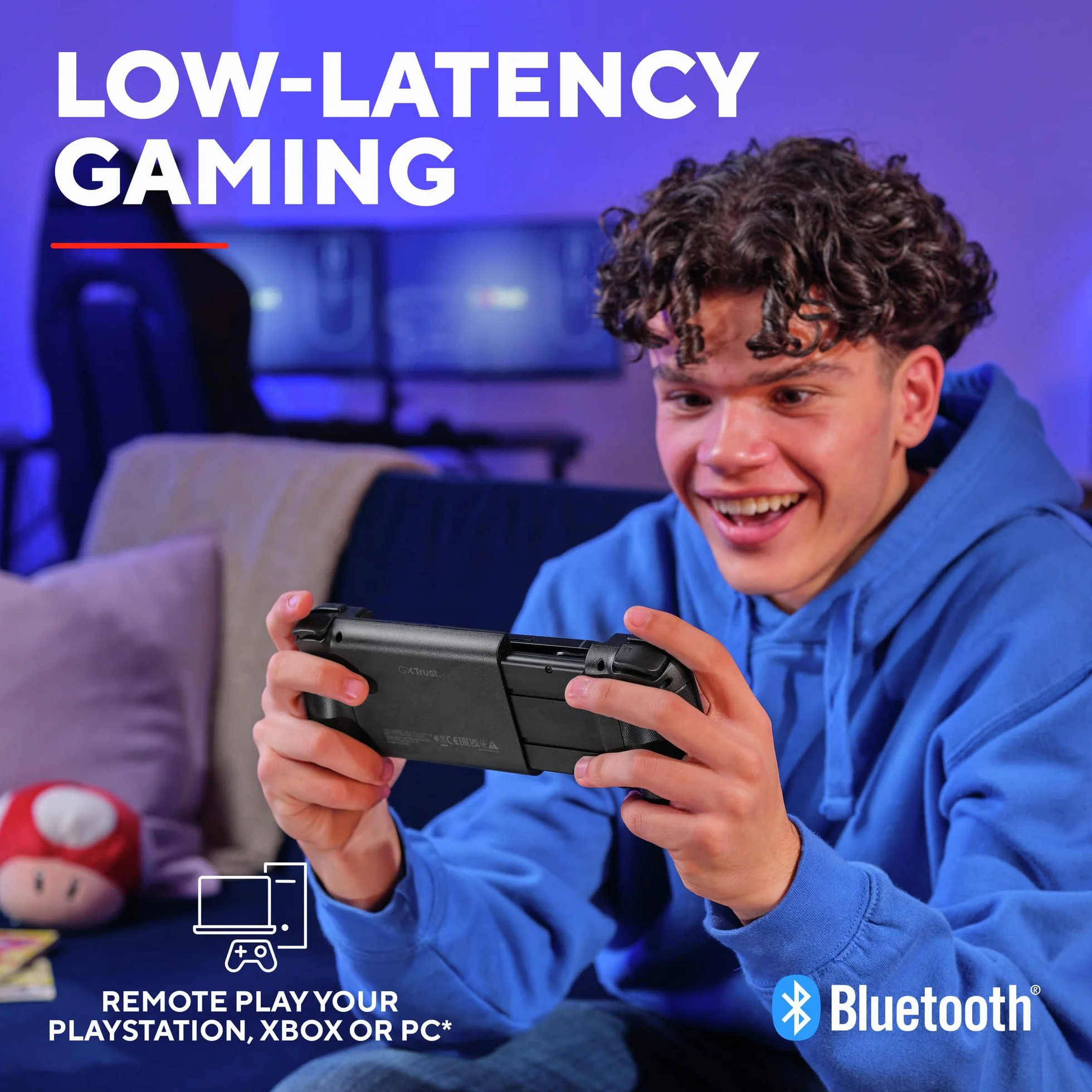 Trust Gaming GXTrust 735 Mylox Kontroler do Gier z Uchwytem na Telefon iPhone Android PS5 Xbox, Akumulator do 12h, Gamepad Bluetooth do Smartfona, Podświetlenie LED RGB, 18 Przycisków, Czarny