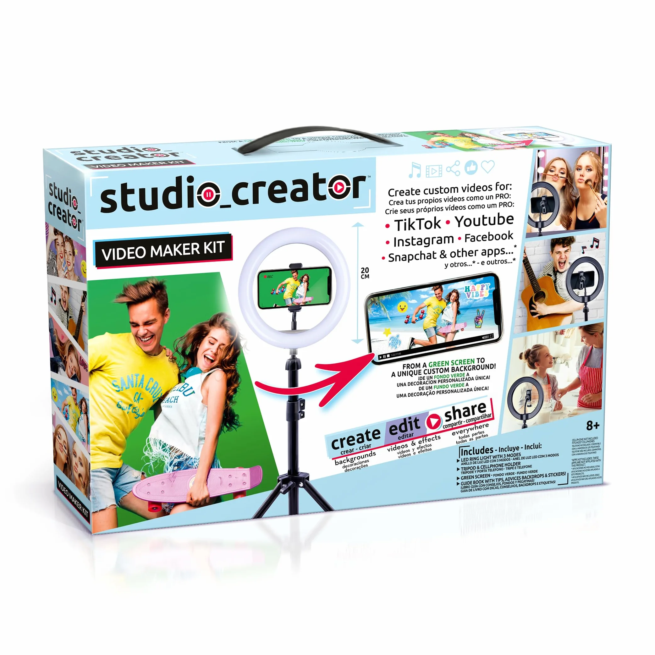 Canal Toys - Video Studio Creation Kit - Zostań influencerem - Akcesoria z zielonym tłem, statywem i pierścieniem świetlnym - od 8 lat - INF 001 - Żurawina
