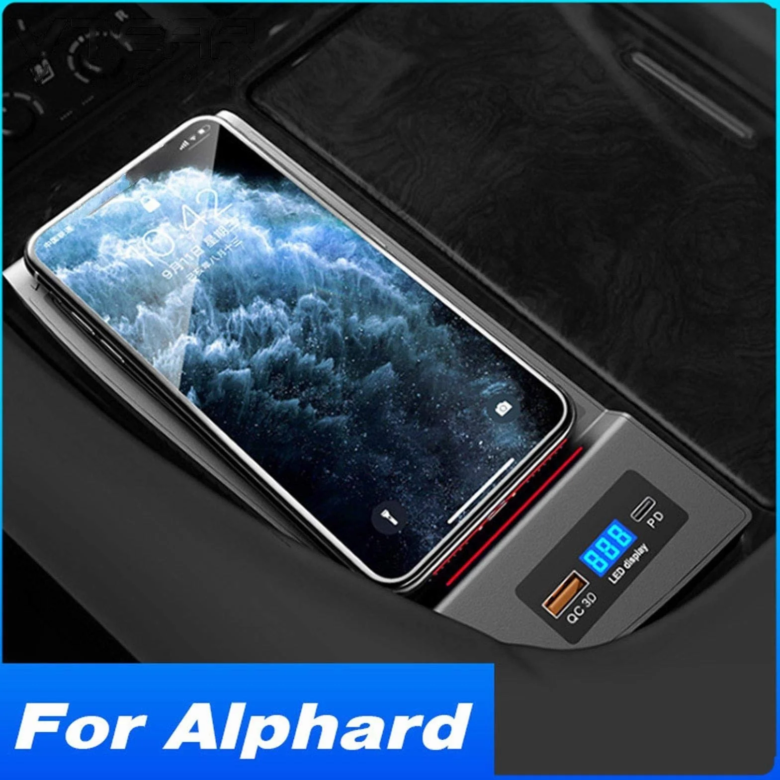Ładowarka bezprzewodowa QI do samochodu, Toyota, Alphard Akcesoria Modyfikacja wnętrza 15 W Szybka płytka ładująca telefon 2018 2019 2020 Panel ładowania bezprzewodowego pojazdu(Three Coil 10WR