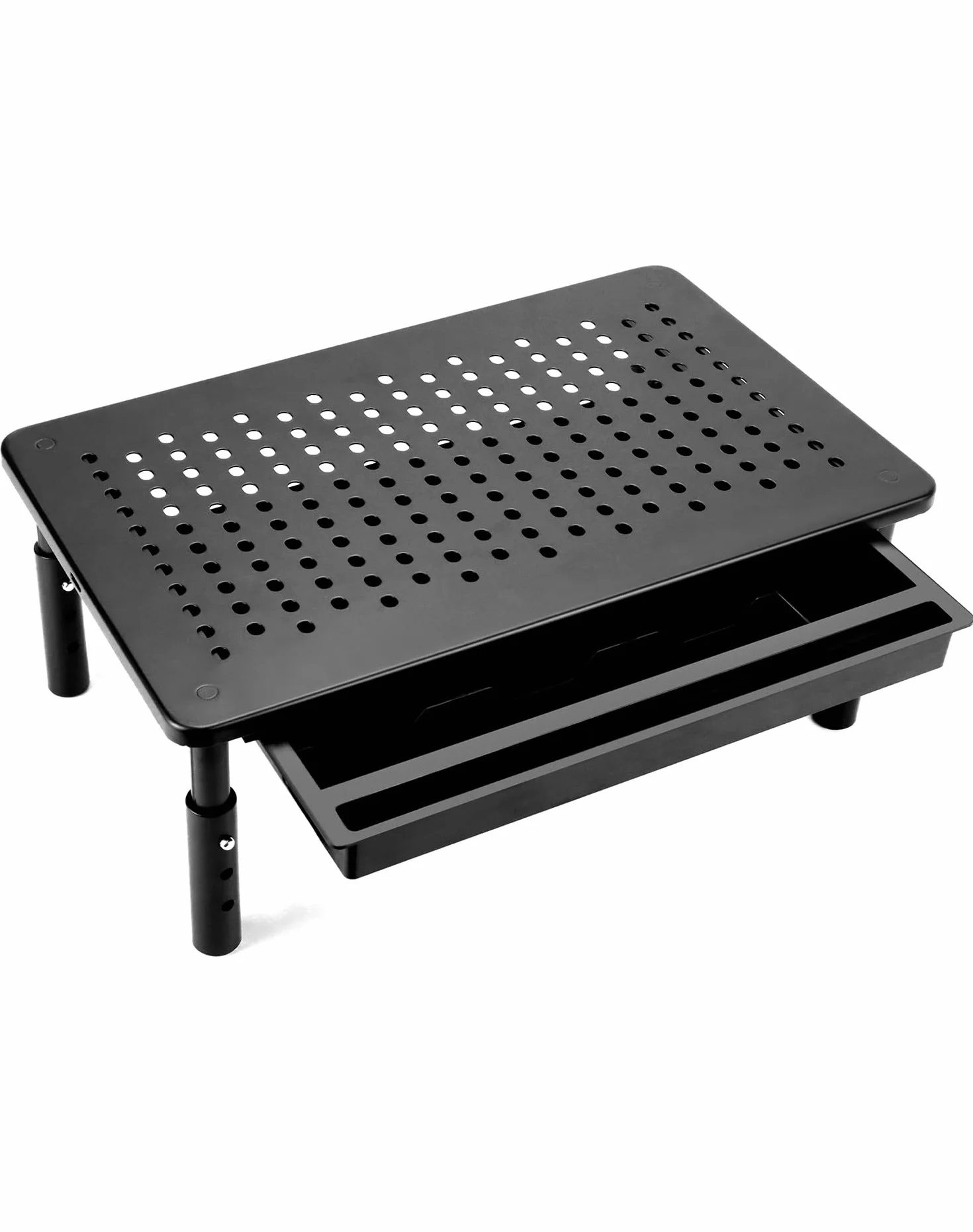 QWORK® Stojak pod monitor z szufladą, 3 poziomy regulacji, nośność 20 kg, do monitora komputera PC, laptopa, projektora, 37x23cm