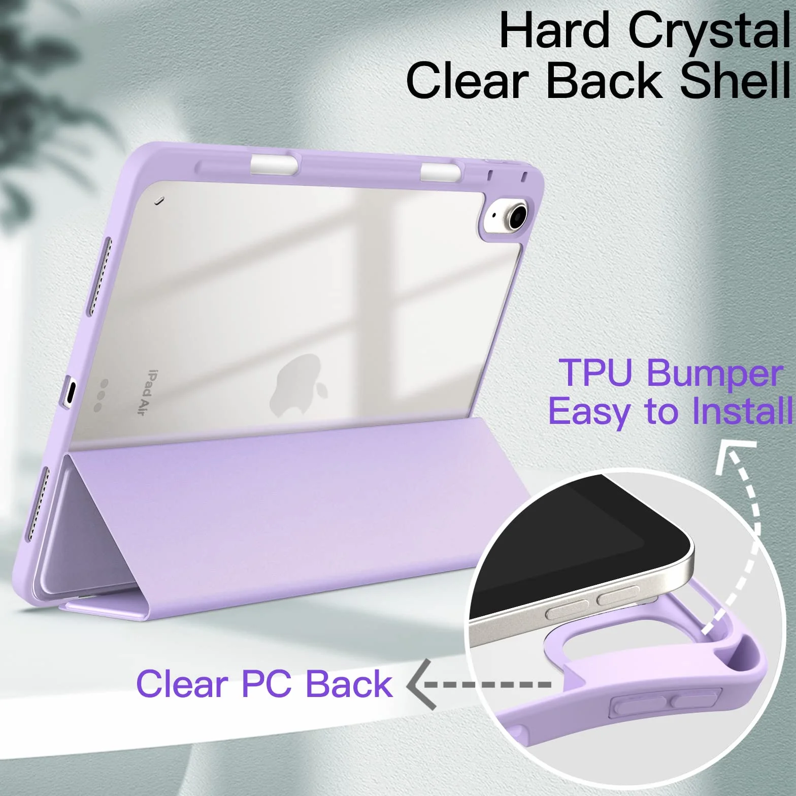 JETech Etui dla iPad Air 11 Cala M4/M3/M2 (2026/2025/2024), iPad Air 5/4 (10,9 Cala, 2022/2020, 5/4) z Pencil Uchwyt, Wyczyść Przezroczysty Tył Obudowa Slim Podstawkę Obudowa Case (Jasny Fiolet)