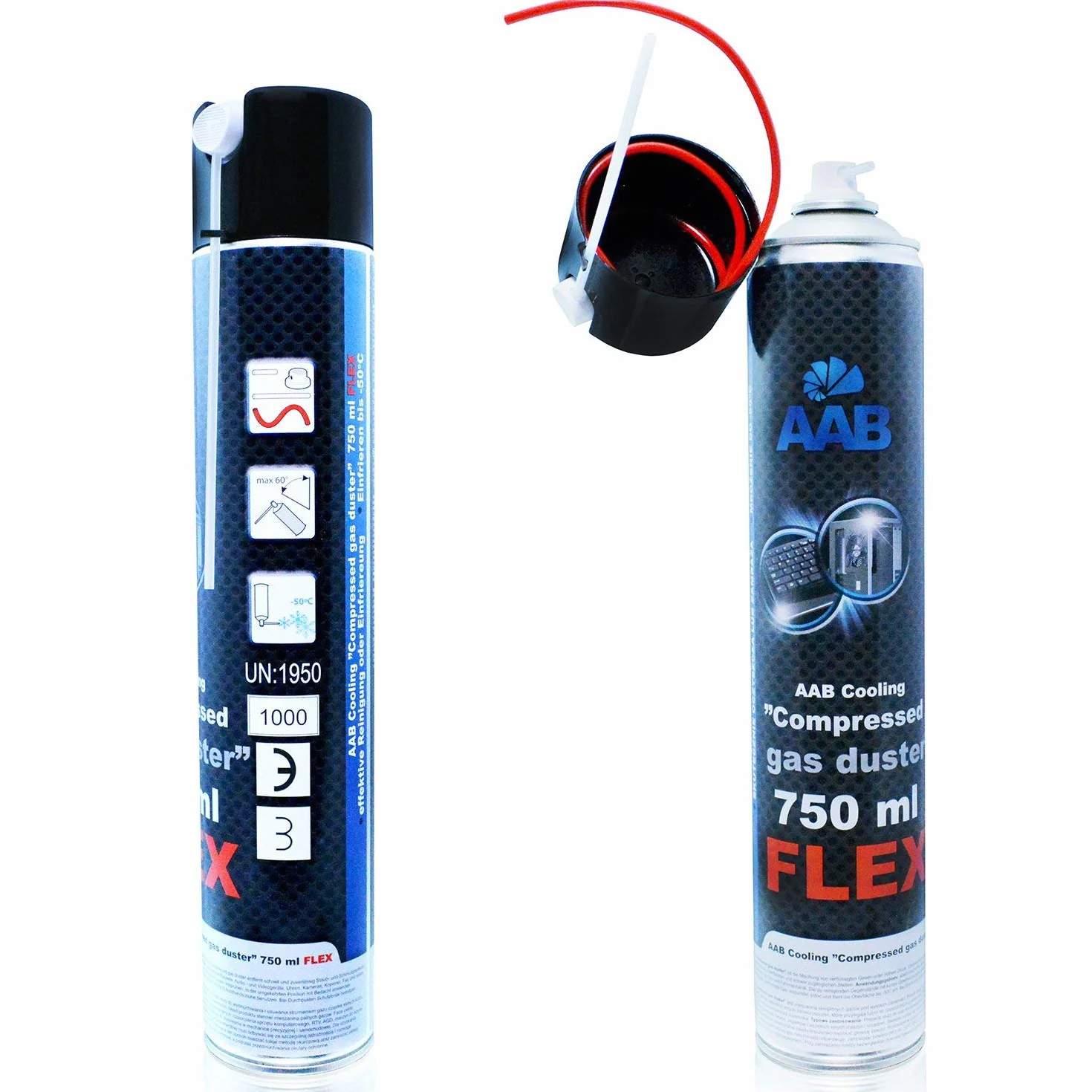 24 x AAB Compressed Gas Duster FLEX 750ml - Sprężony Gaz z Długą, Elastyczną Rurką, Sprężone Powietrze do Wydmuchiwania Kurzu, Puszka, Aerozol do Czyszczenia Komputera, Klawiatury, Laptopa, PC