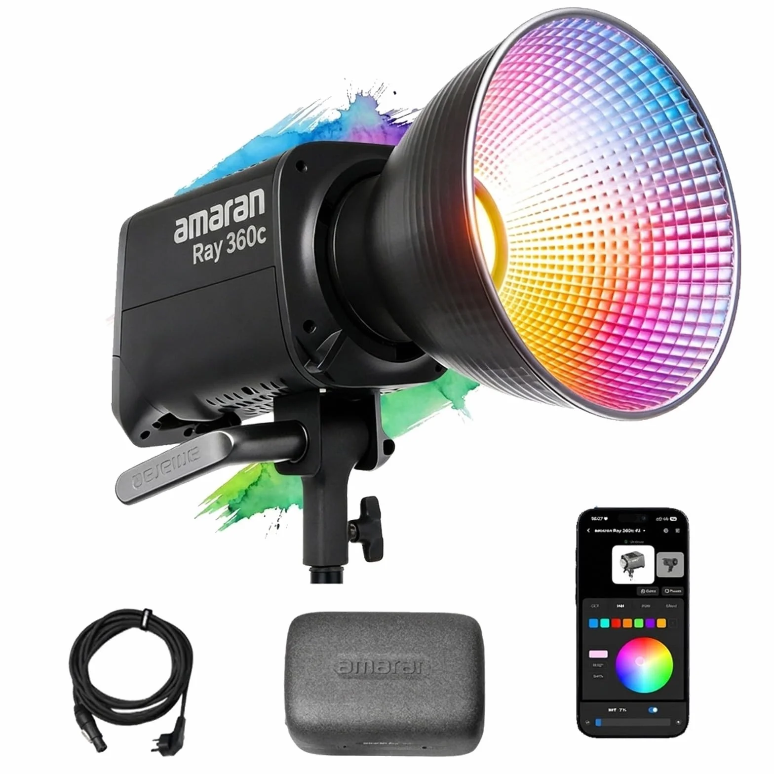 Amaran Ray 360c 360W RGBWW LED Video Monolight, CCT 1800-20000K, sterowanie aplikacją/DMX 12 efektów, wyjście COB 17.130 Lux@1m, silnik OmniColor dla wiernych kolorów, mocowanie Bowens do studio i na