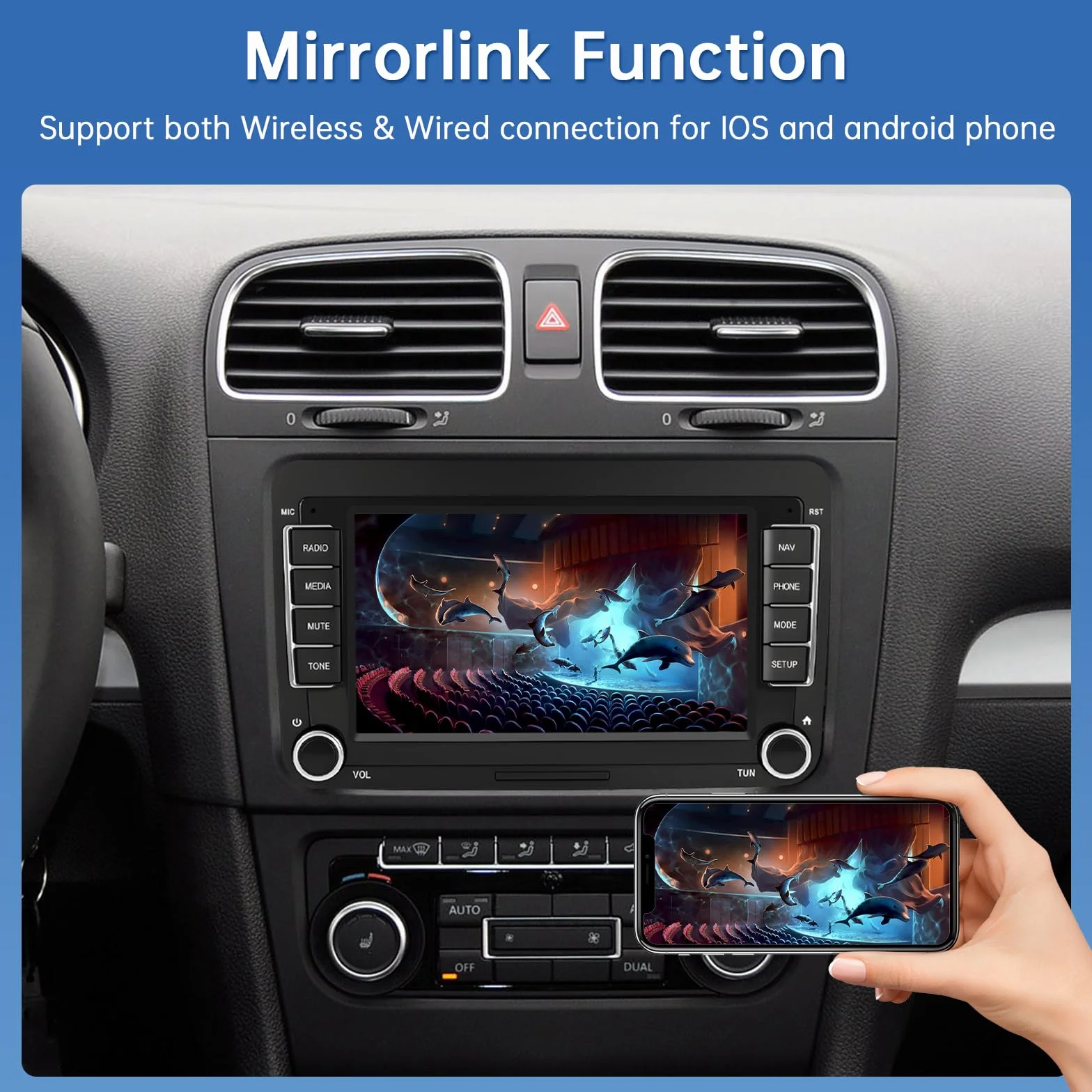 Road Top Ekran CarPlay, 7-calowy ekran dotykowy Linux Autoradio dla VW/Volkswagen/Skoda/Seat, Odbiornik radiowy z Wireless CarPlay/Android Auto/Mirrorlink, z Siri/Nawigacja Multimedia Stereo
