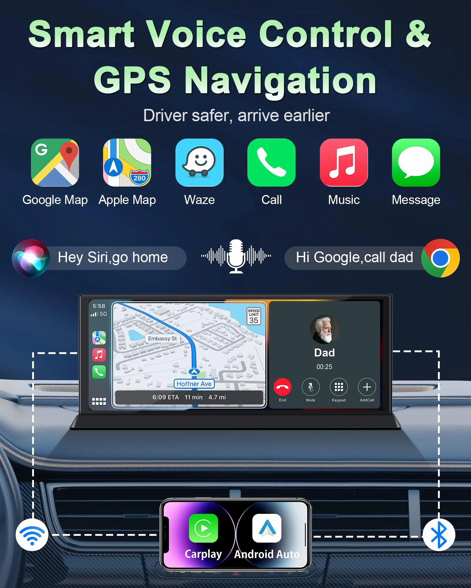 Ekskluzywny wyświetlacz samochodowy 11,3 cala Carplay z systemem Android ze stabilnym uchwytem, bezprzewodowy wyświetlacz Car Play Buddy z podwójnym Bluetooth Siri/GOO-gle, nawigacja GPS do samochodów