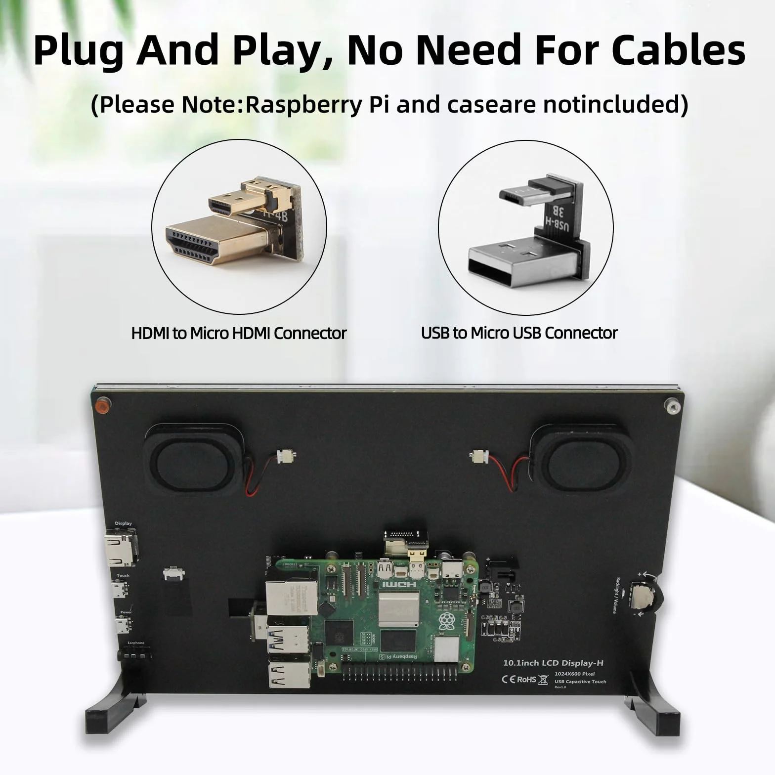 Ekran Raspberry Pi, 10,1 Cali Monitor Dotykowy, IPS 1024×600, Podwójne Wbudowane Głośniki, Przenośny Monitor HDMI Kompatybilny z Raspberry Pi 5/4/3/Zero, Bez Sterowników