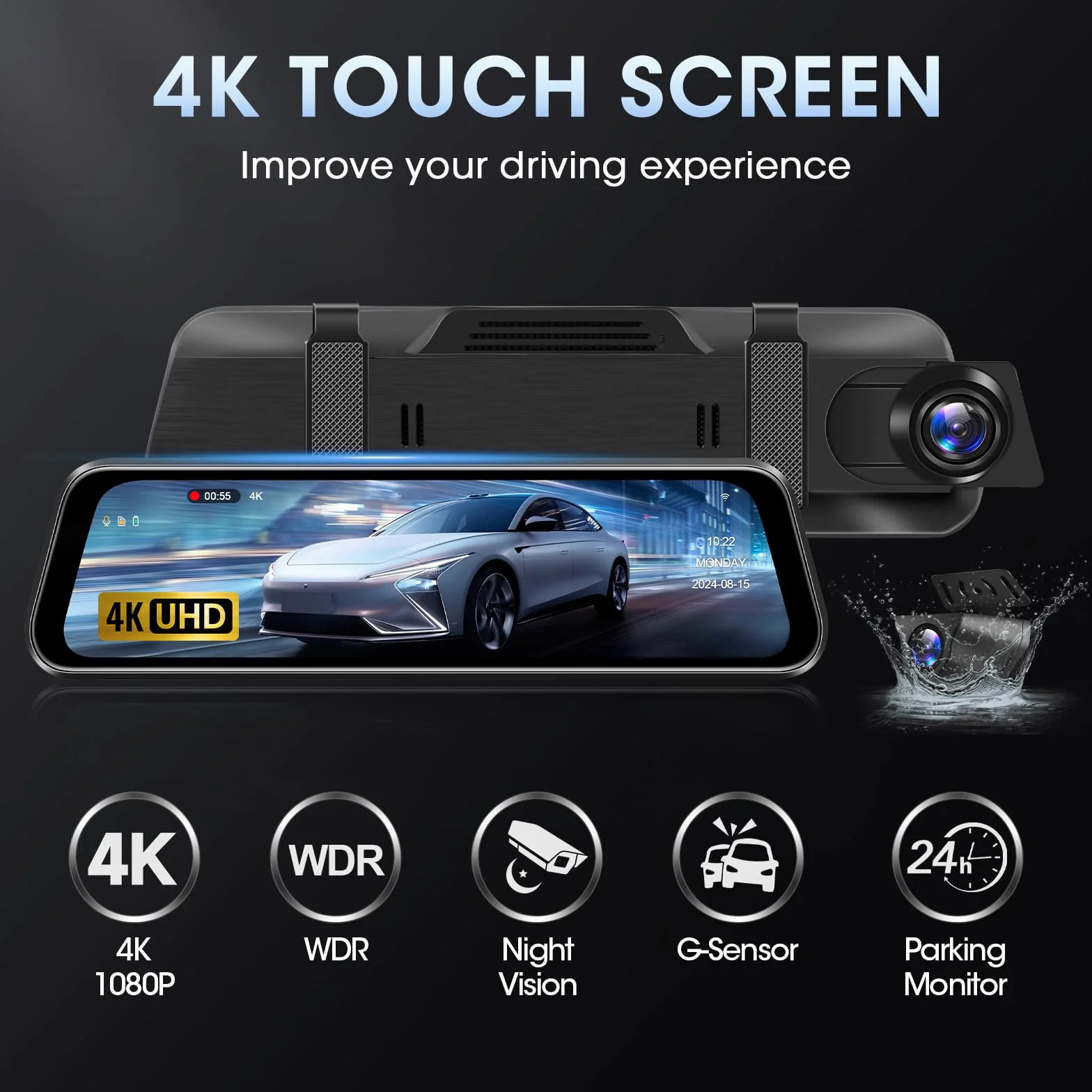 Vtopek Dashcam 4K 10" Kamera na deskę rozdzielczą z kamerą cofania Szeroki kąt 170° Dashcam Samochód Przód Tył z kartą SD 64G Lustrzana kamera samochodowa z WDR Nocna wizja Czujnik G Monitor Parku