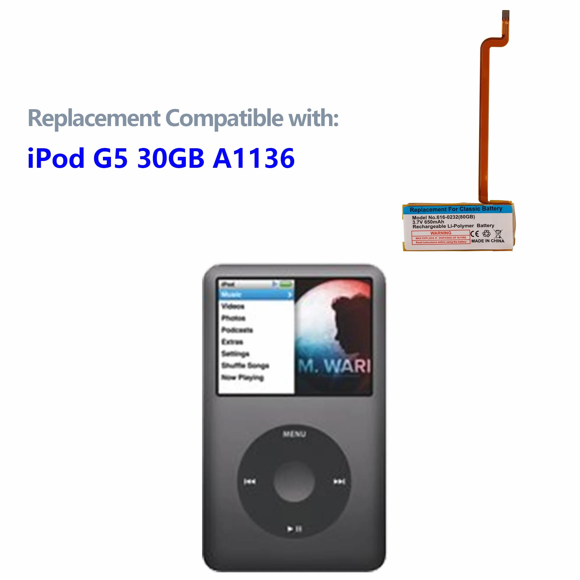 616-0227, 616-0229, 616-0230, 616-0412, 616-0232 Akumulator Kompatybilny z iPod-G5 30GB A1136, iPod-Classic 6th 7th GEN z narzędziami