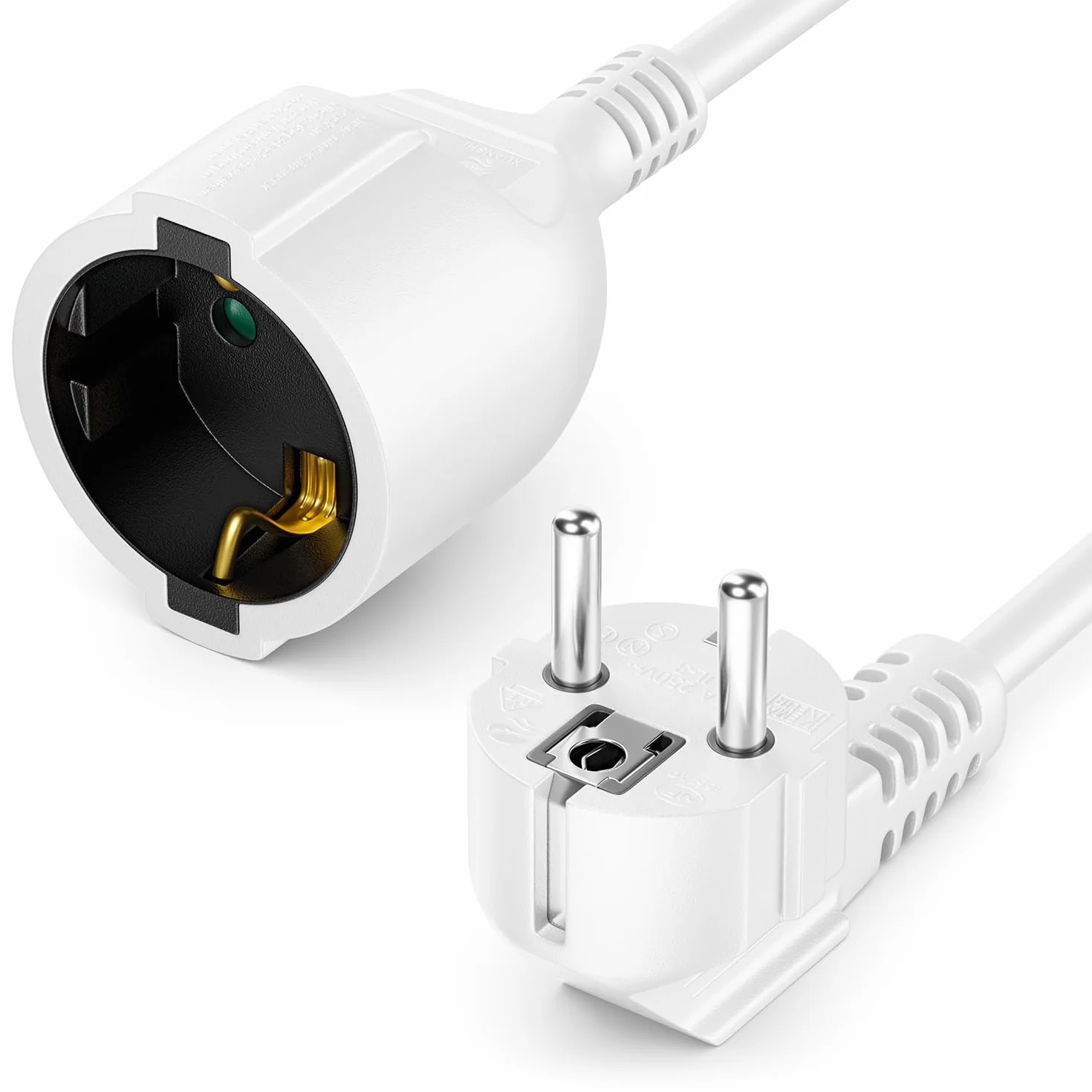 deleyCON 3,0m Kabel Przedłużający Zasilający, Wtyczka z Bolcem Typ F (CEE 7/7) 90° Kątowa na Gniazdo (CEE 7/3), Ochrona Przed Dotykiem, TV PC Komputer Projektor - Biały