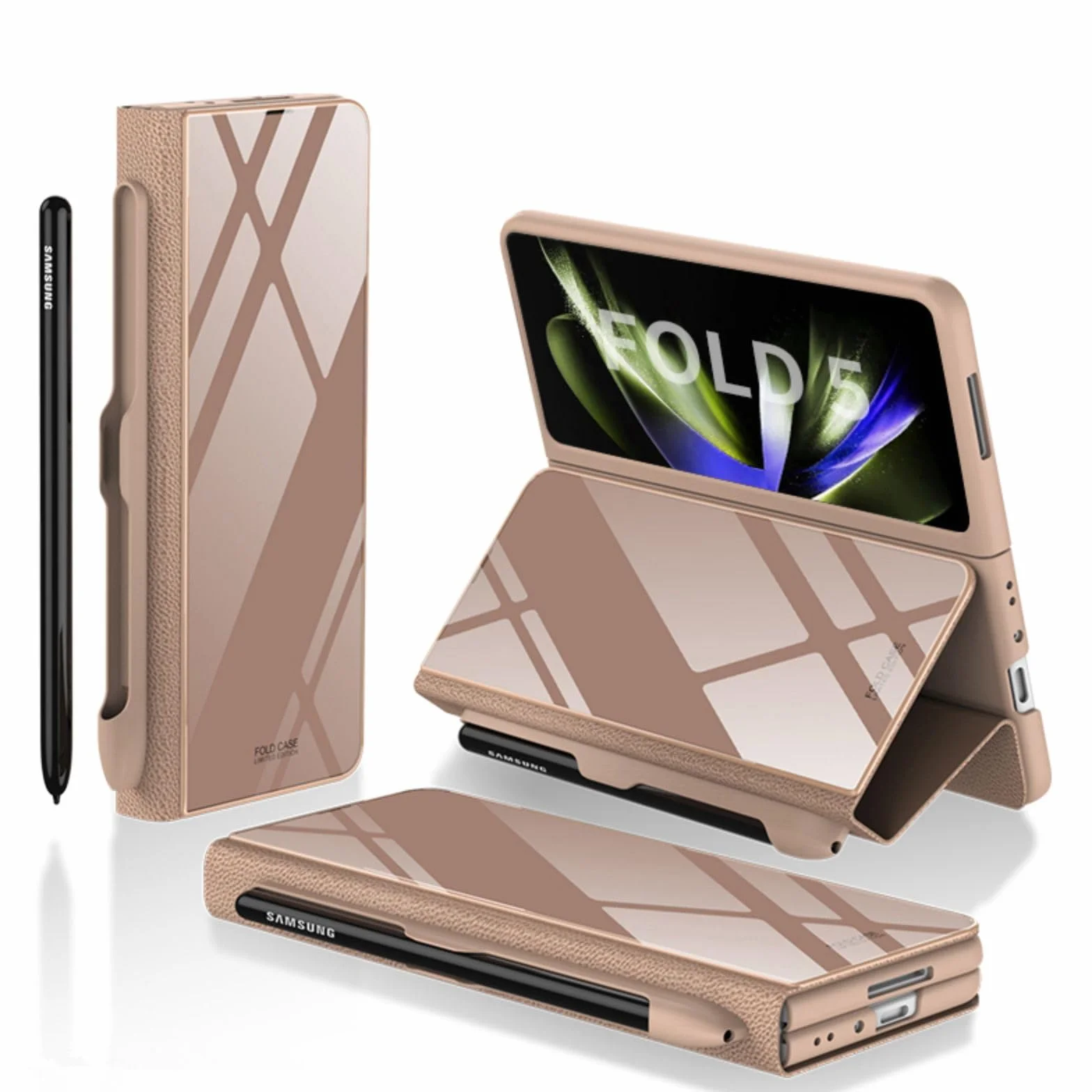 Custodia Etui do Z Fold5 etui z klapką + otwór na długopis, stojak, skóra folio, szklany blat, osłona przednia, etui na telefon komórkowy z klapką do Samsung Galaxy Z Fold5 (5)