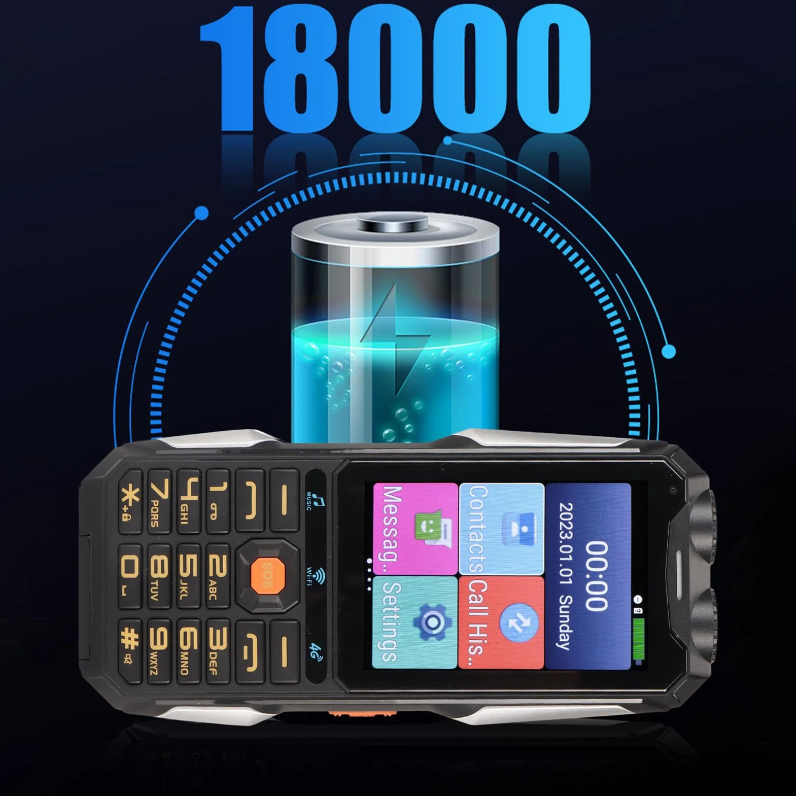 Wytrzymały Telefon Komórkowy dla Seniorów 4G, 4-calowy Ekran Dotykowy, WiFi, Duży Przycisk, Bateria 18000 MAh, Latarka LED, Głośny Dźwięk, Telefon z Szybkim Wybieraniem,7.0, dla