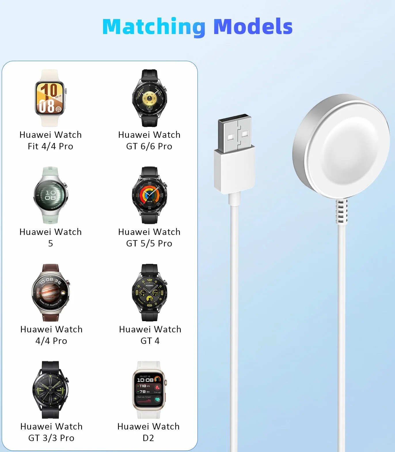 MoKo Magnetic Charger Compatible with Huawei Watch GT6/5/4/3/2 Pro/Watch 5/4/3/Fit 4/Ultimate/D2 - Standard & Pro Models, Aluminum Alloy Charger Dock with a 100 cm Charging Cable, White